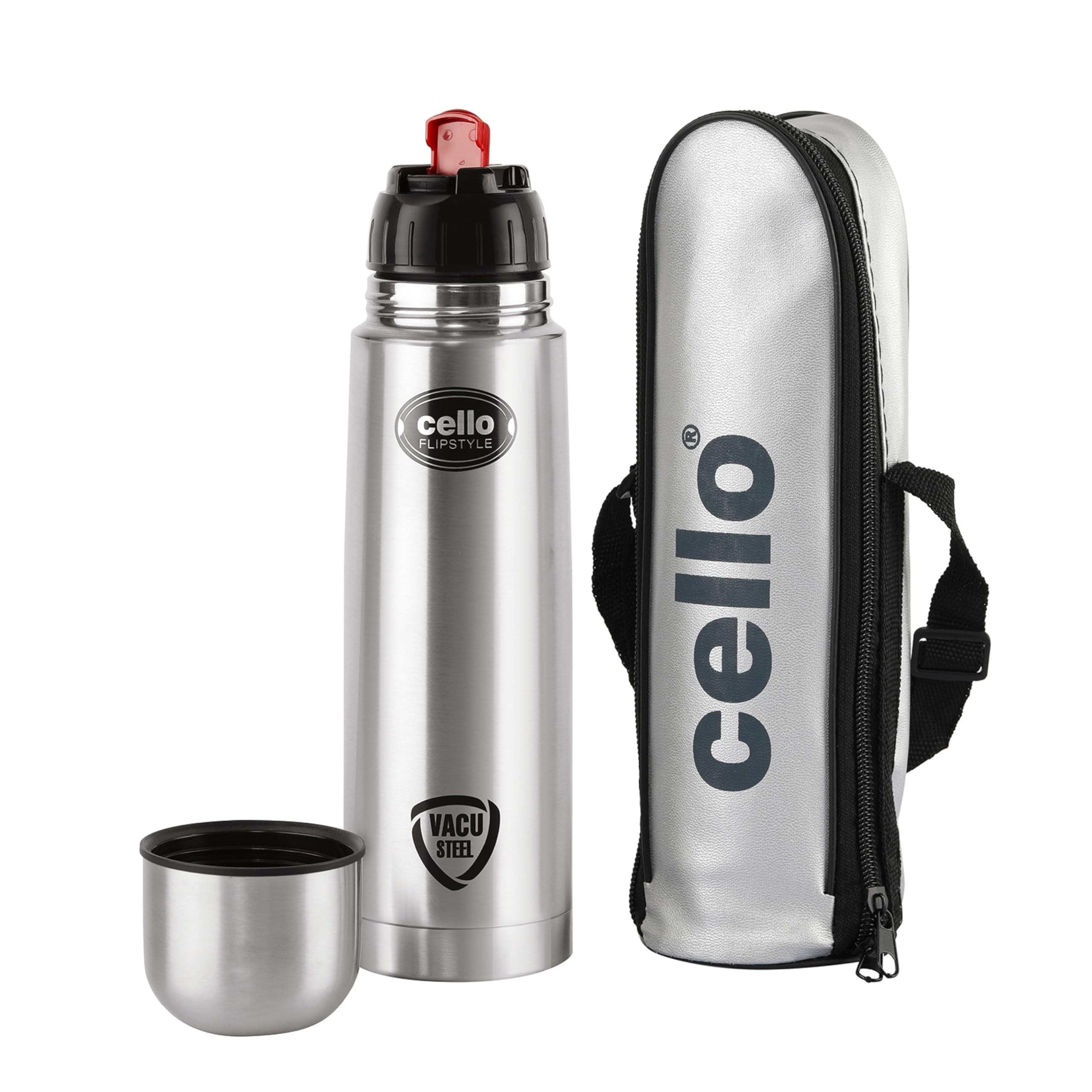 Cello Flipstyle Thermosteel Flask, 1000Ml, Silver | 24 Hours Hot And Cold Water Bottle | Flask For Tea Coffee | Rust & Leak Proo