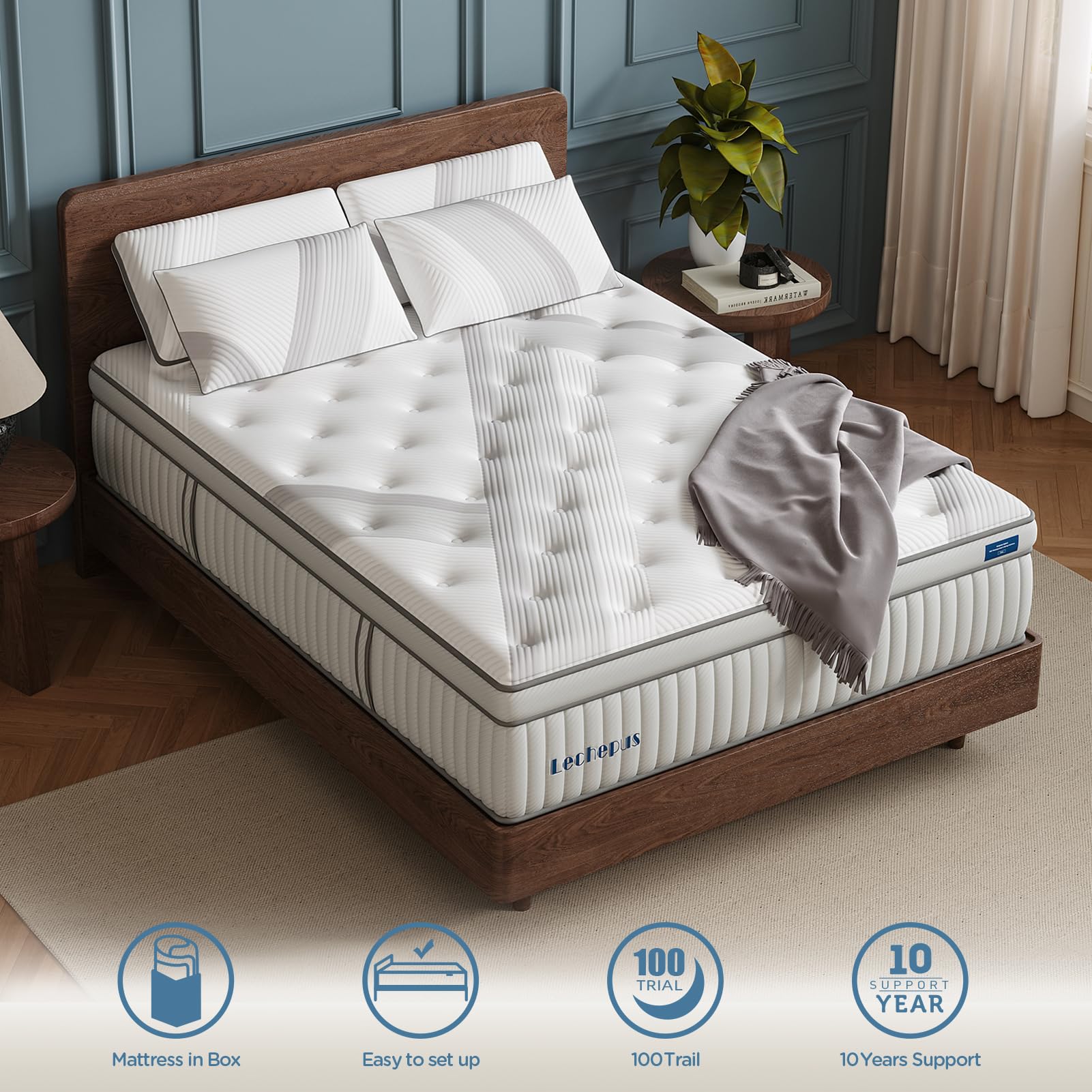 Queen Mattress, Lechepus 14Inch Medium Plush Queen Size Mattress In Box, Hybrid Mattress With Memory Foam & 7-Zone Individual Po