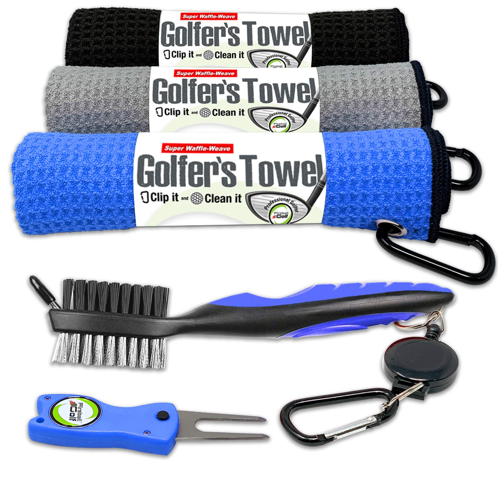 Us Based Fireball Golf - Towel Gift And Accessories Set (Blue, Grey And Black) - 3 Golf Towels, Golf Divot Tool, Ball Marker, An
