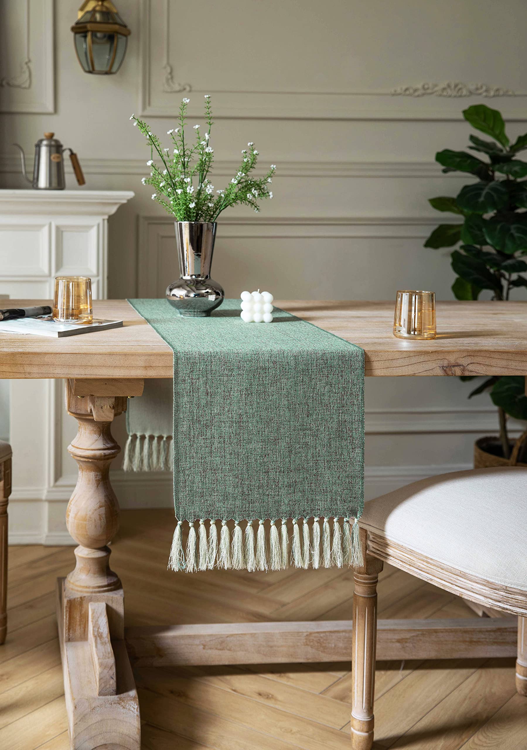 Zeemart Green Table Runners 90 Inches Long, Burlap Linen Style Rustic Farmhouse Table Runner, Long Boho Dining Table Runner, 13X