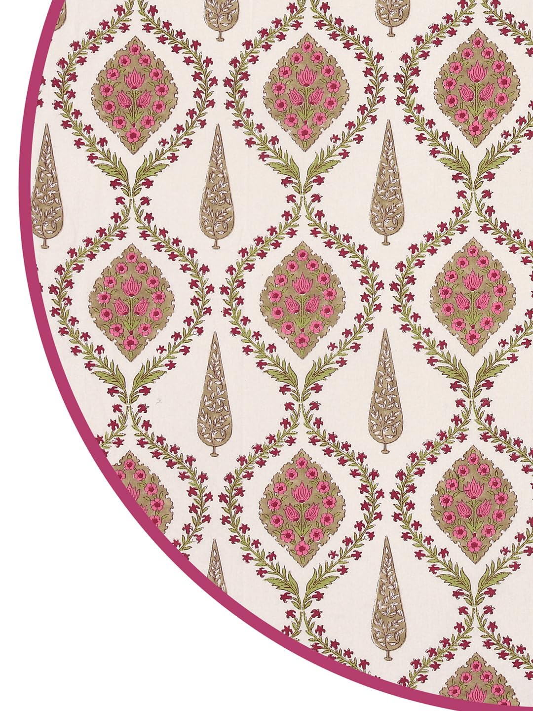 Clasiko 100% Cotton 6 Seater Round Table Cover; 72x72 Inches; Pink Beige Block Print