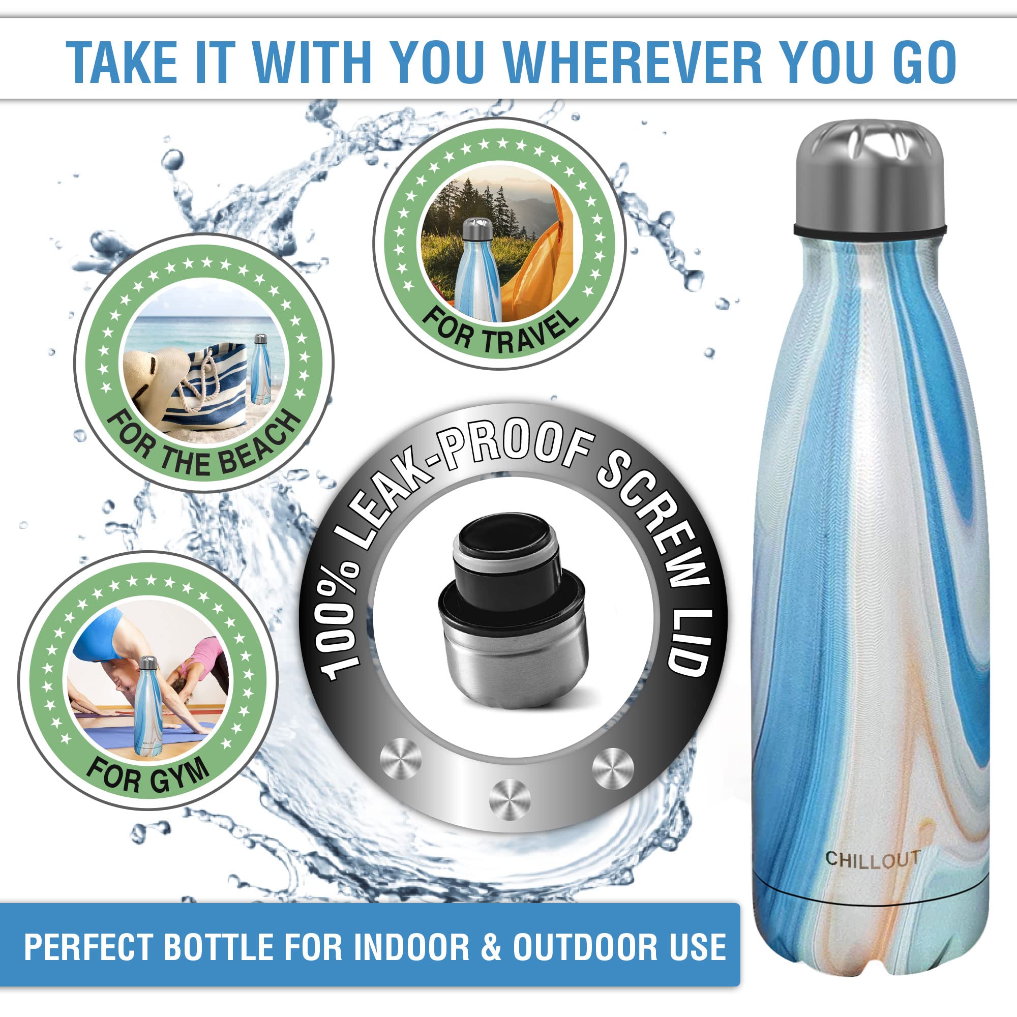 CHILLOUT LIFE Stainless Steel Water Bottle - 17 oz Double Wall Insulated, Ocean Marble, BPA Free, Perfect for Cold & Warm Drinks