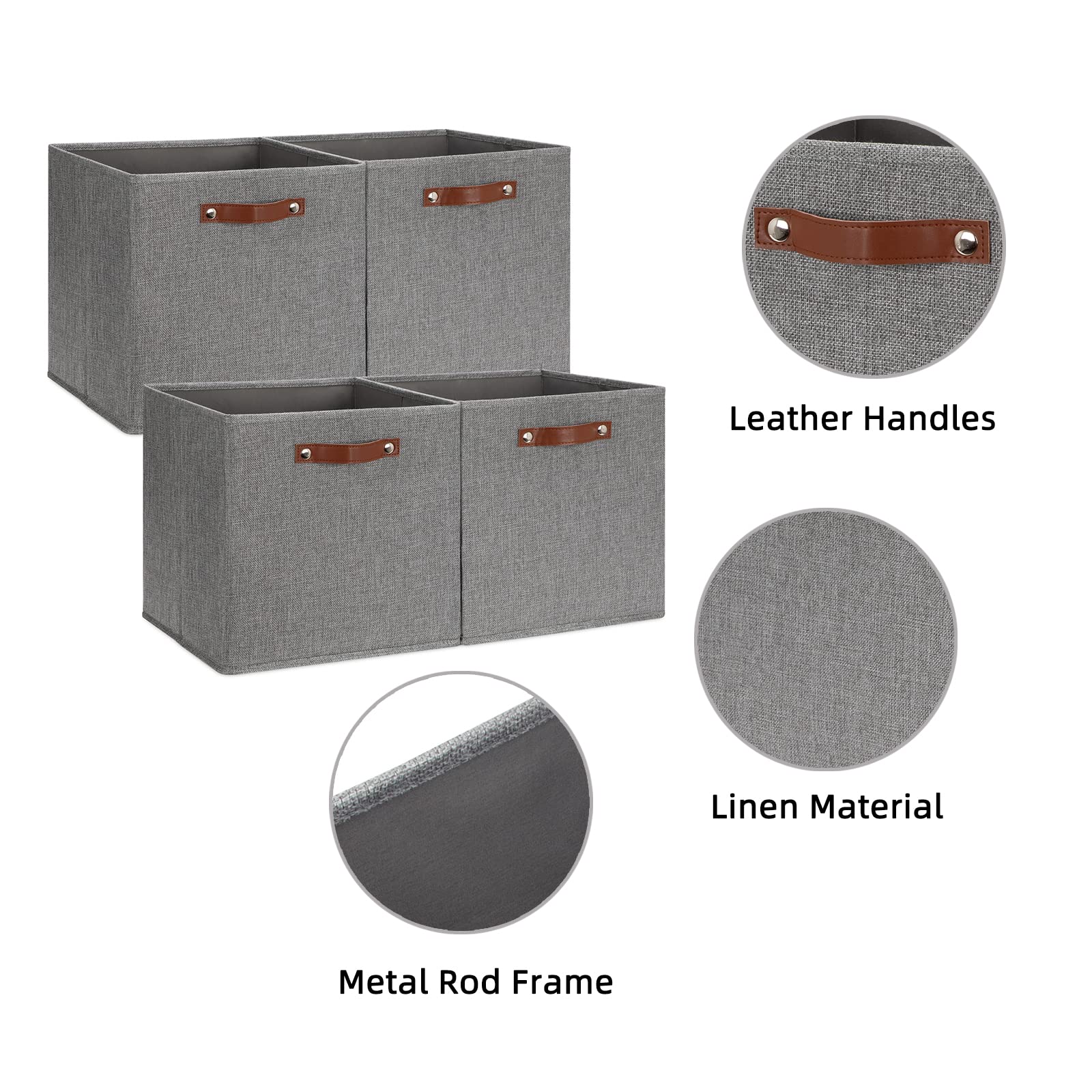 HNZIGE Fabric Storage Cubes Bins Baskets for Shelves Set of 4 Baskets  13 Inch Storage Bins with Handles  Foldable Storage Cube Organizer Bins Closet Bins Organizing Home Nursery Cubby Room (Gray)