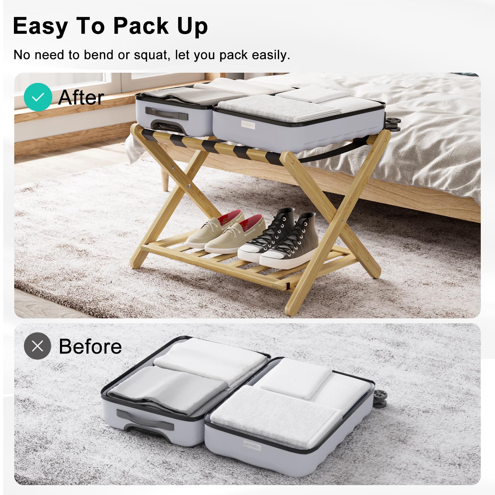 Smuxee Fully Assembled Luggage Rack For Guest Room, Upgraded Bamboo Foldable Suitcase Stand With 5 Nylon Straps, Nature Luggage