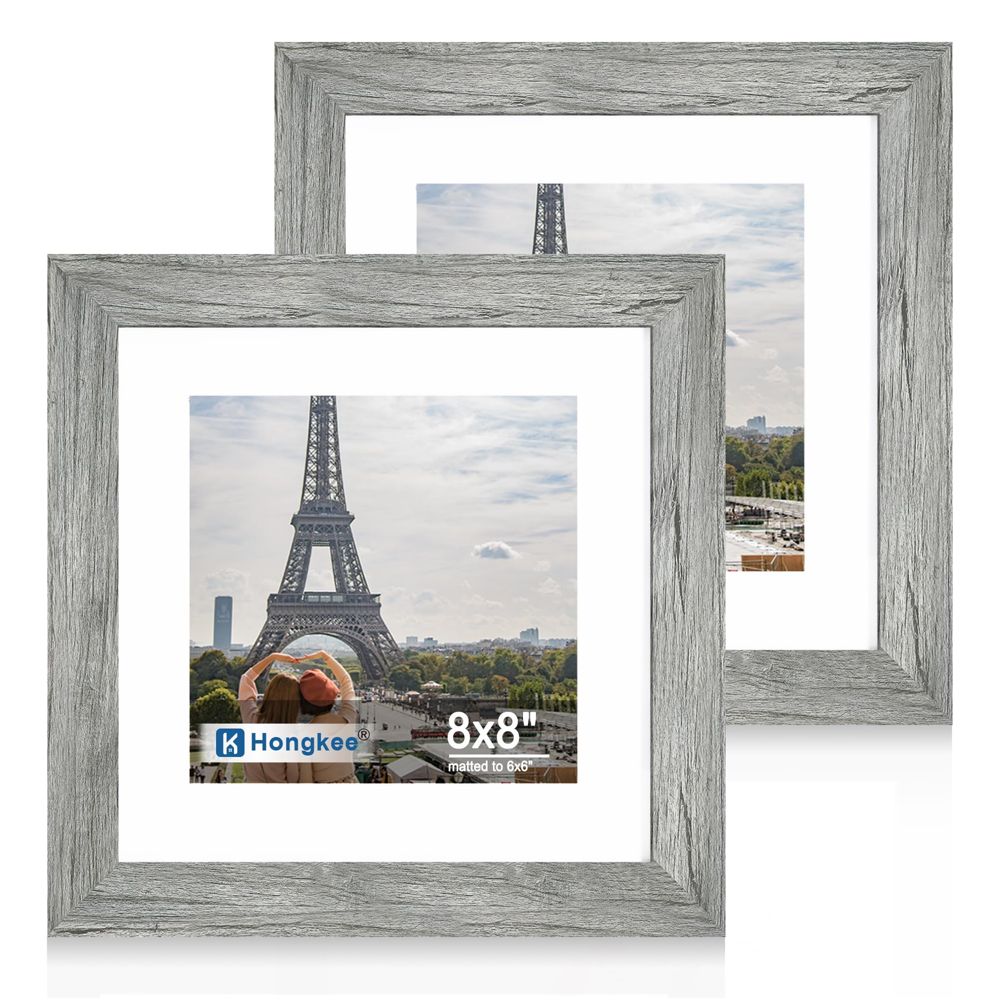 Hongkee 8x8 Picture Frame Set of 2, Made of Real Glass and Grey Wooden Frame - Display Square 6x6 with Mat or 8x8 Without Mat, 8