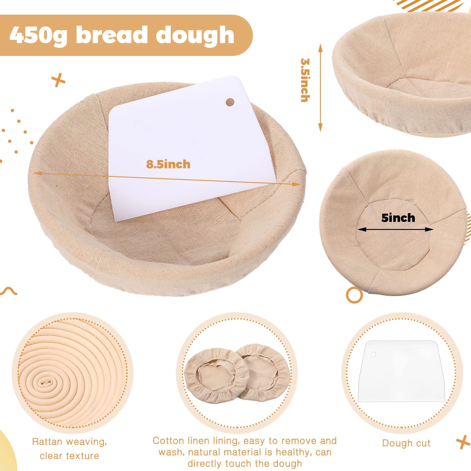 Nuogo Set Of 5 Banneton Bread Proofing Basket 8.5 Inch Round Sourdough Proofing Basket Banneton Basket Dough Proofing Bowl With