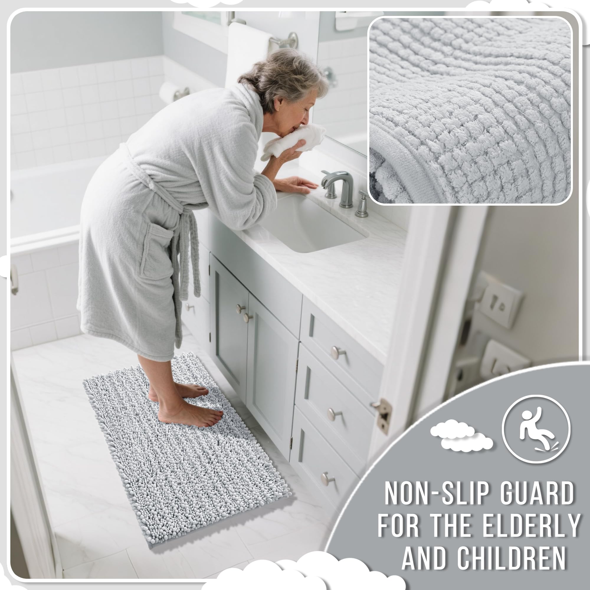 Yimobra Original Luxury Chenille Bath Mat  32 x 20 Inches  Soft Shaggy and Comfortable  Large Size  Super Absorbent and Thick  Non-Slip  Machine Washable  Perfect for Bathroom  Silver