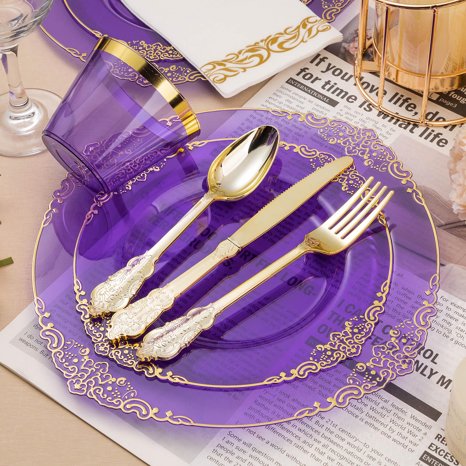 Bestluck 175Pcs Clear Purple Plastic Plates For 25 Guests, Disposable Plates With Gold Trim Include 25 Dinner Plates, 25 Dessert