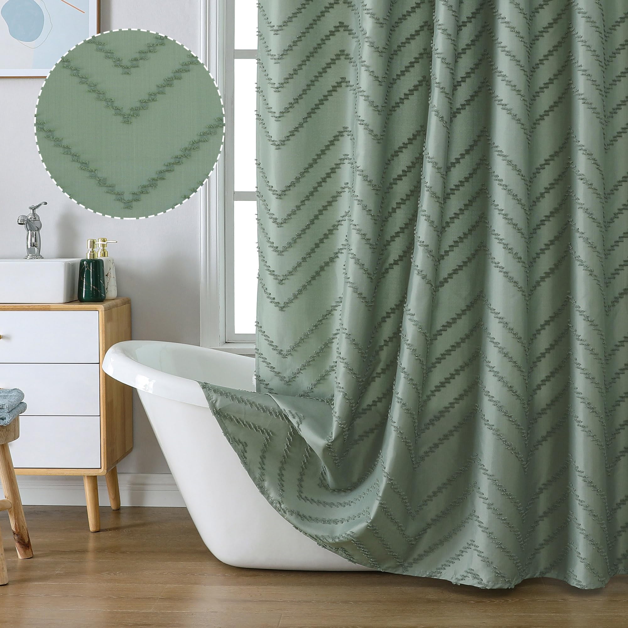 Chyhomenyc Chevron Extra Long Sage Green Boho Shower Curtain Set 72X84 Inches, Fabric Shower Curtain Modern Farmhouse Chic Textu
