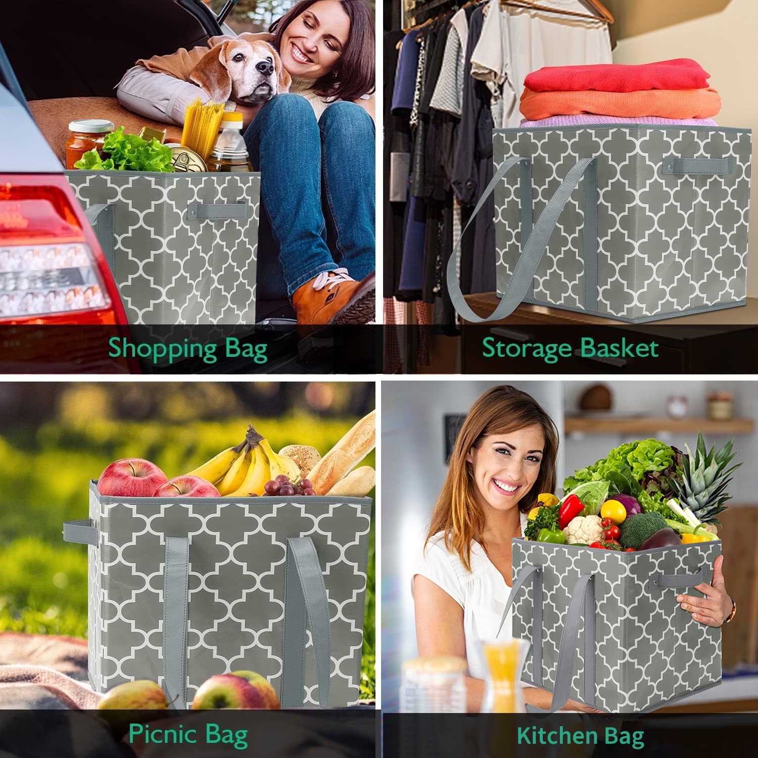 Wiselife 3-Pack Reusable Grocery Bags Foldable Washable Storage Bins Basket Water Resistant Shopping Utility Tote Bag Grey