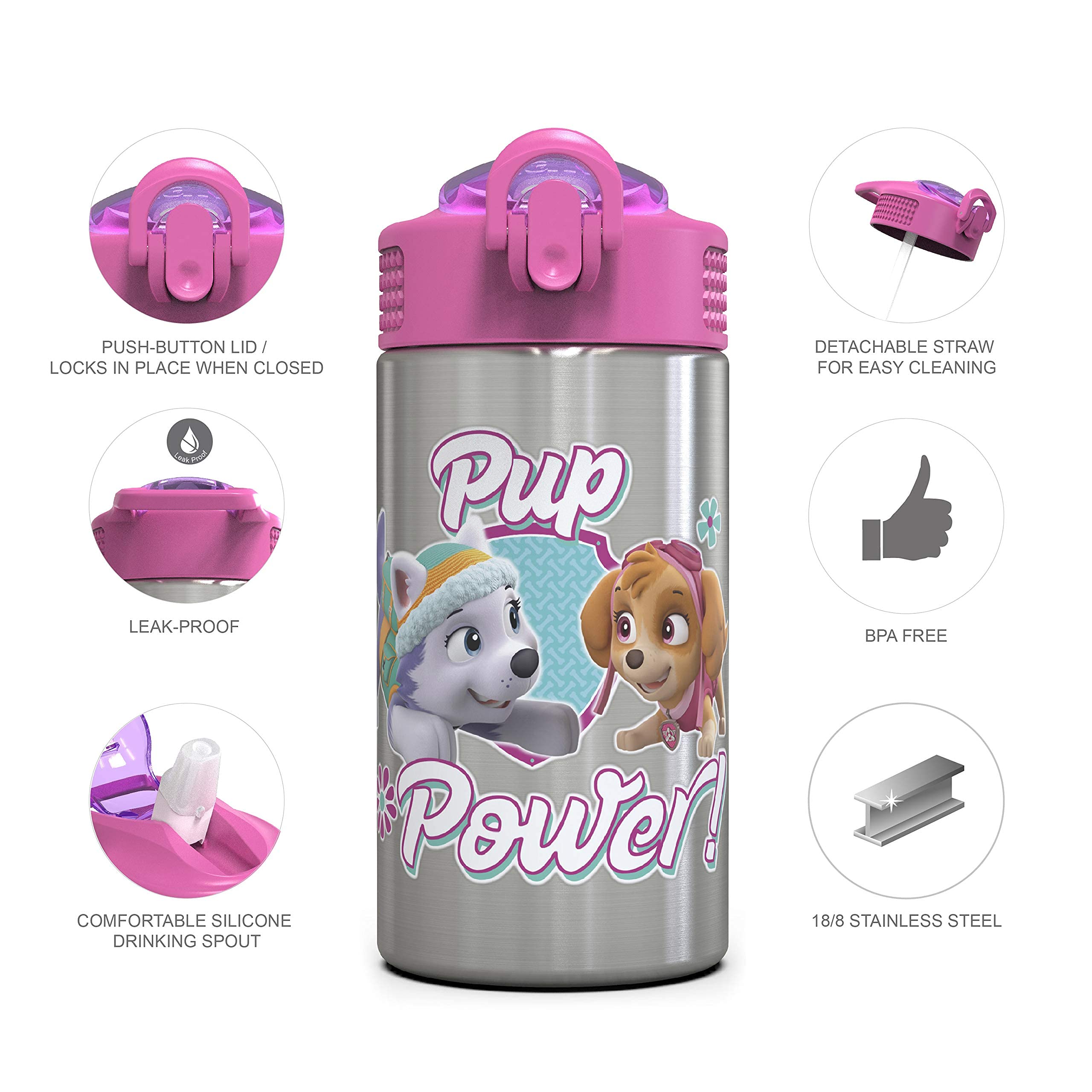 Zak Designs Paw Patrol Skye - Stainless Steel Water Bottle with One Hand Operation Action Lid and Built-in Carrying Loop, Straw