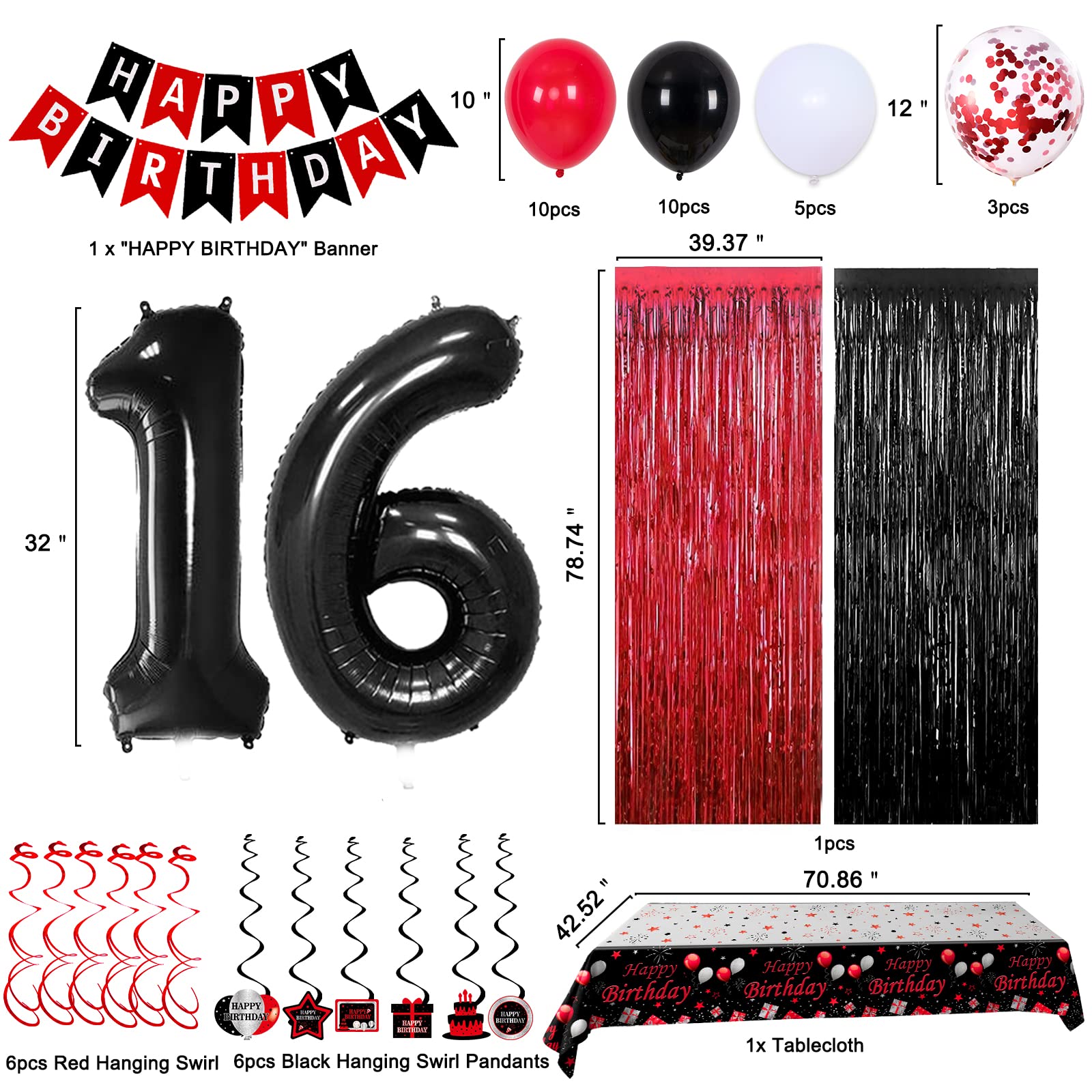 16Th Birthday Decorations For Boys Girls,Red And Black 16Th Birthday Balloons Banner Number 16 Balloon Hanging Swirls Tablecloth