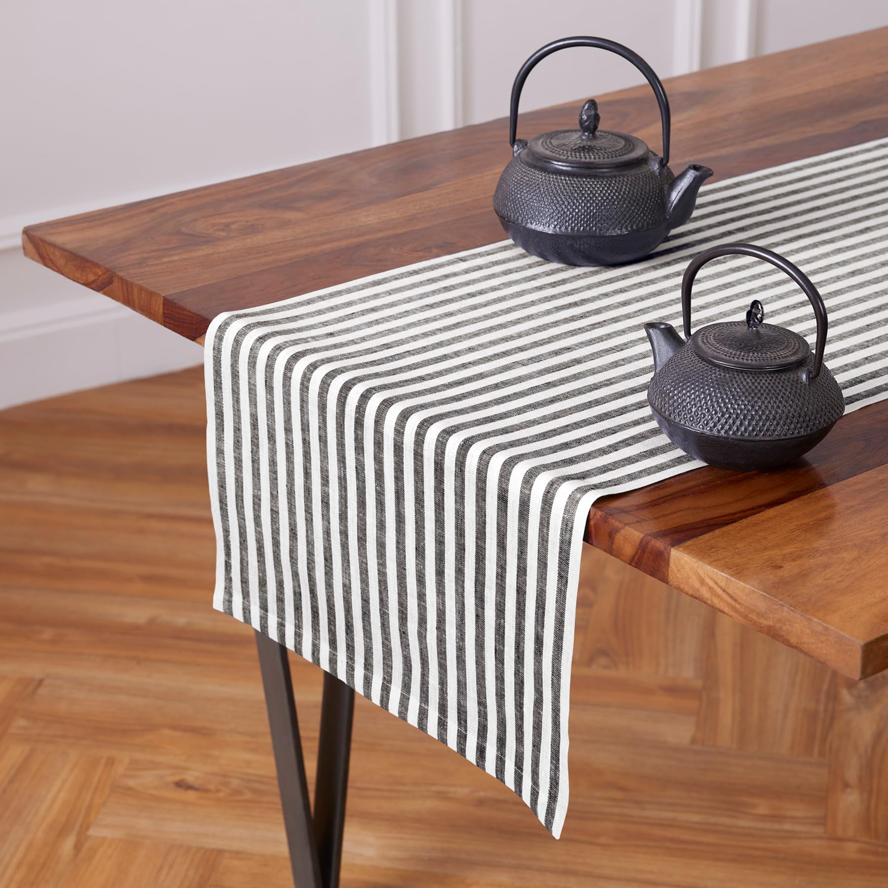 Solino Home Stripe Linen Table Runner 108 Inches Long - 100% Pure Linen Black And White Dining Table Runner 16 X 108 Inch Ideal
