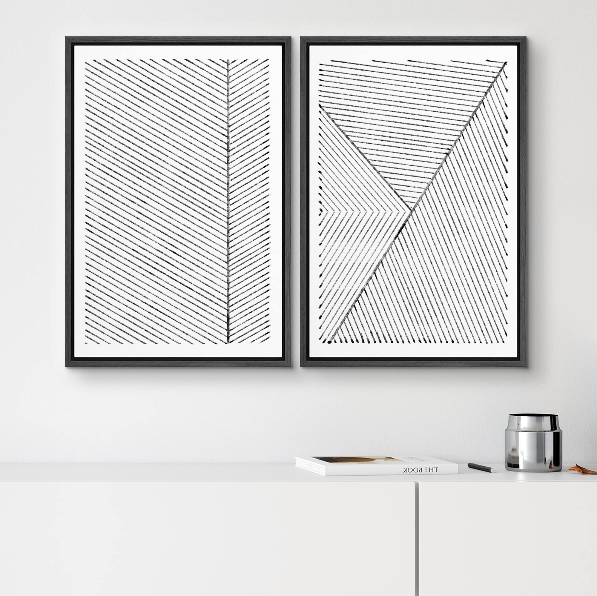 Signwin Framed Canvas Print Wall Art Set Geometric Black White Line Collage Abstract Shapes Illustrations Modern Art Decorative