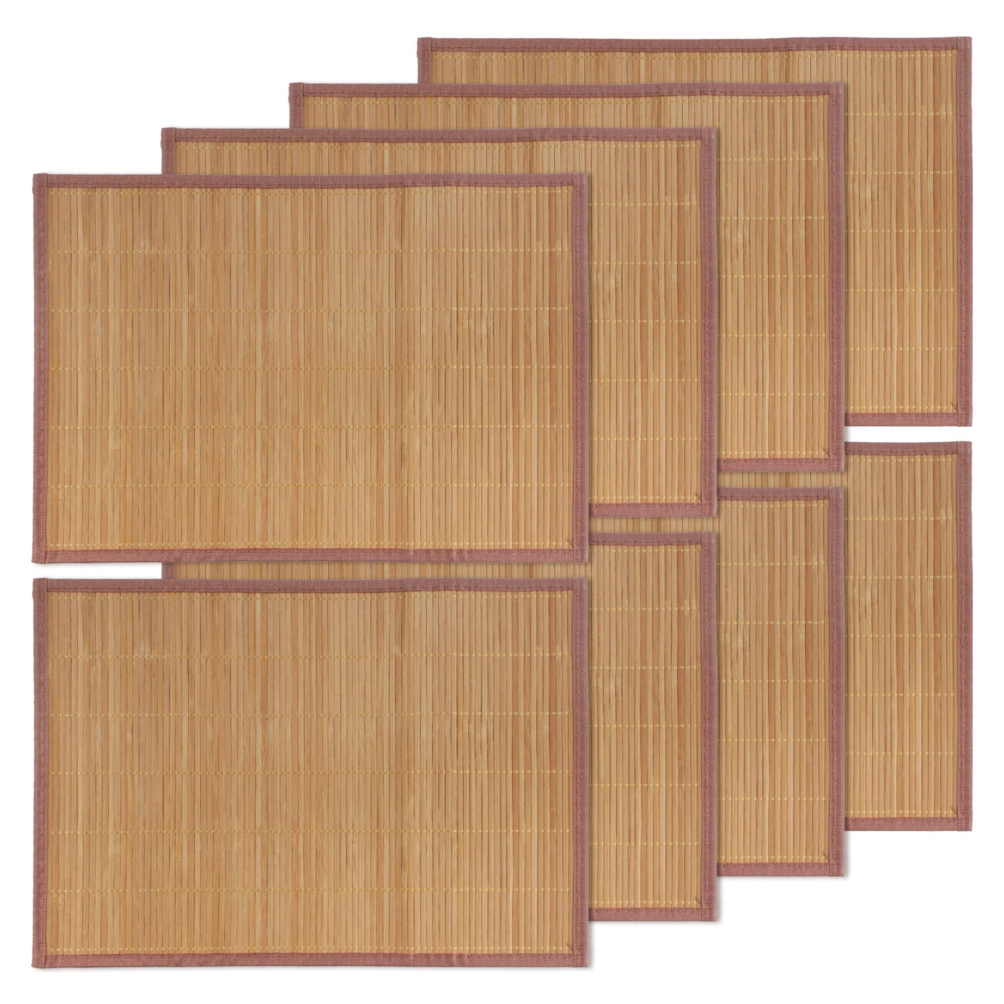 Bamboomn Bamboo Slat Placemat With Brown Fabric Border - Solid Color Print - 18'' X 13'' - Carbonized Brown - 8Pc