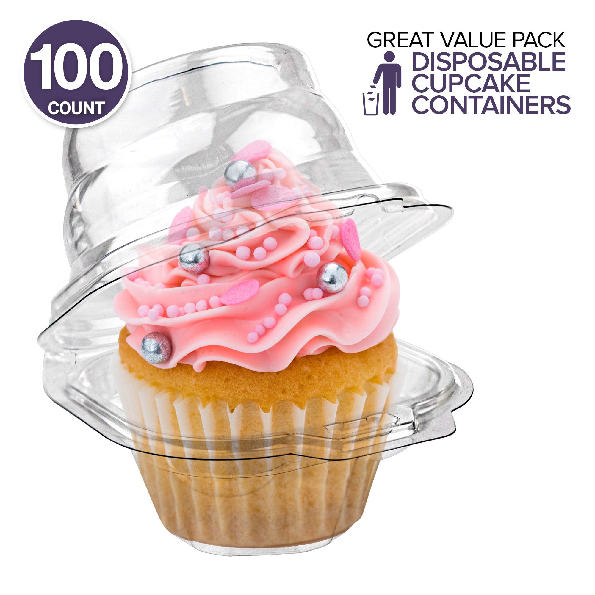 Stock Your Home Individual Plastic Cupcake Containers Disposable With Connected Airtight Dome Lid (100 Count) Clear Single Cupca