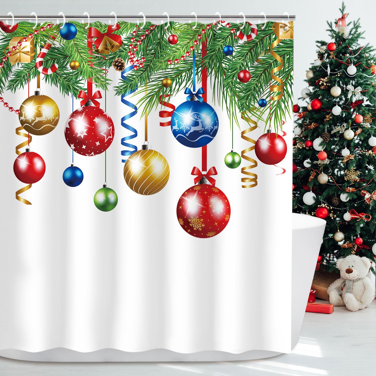 Rosielily Christmas Shower Curtain For Bathroom Xmas Shower Curtains Red Green Christmas Fabric Xmas Bathroom Set With Hooks Col