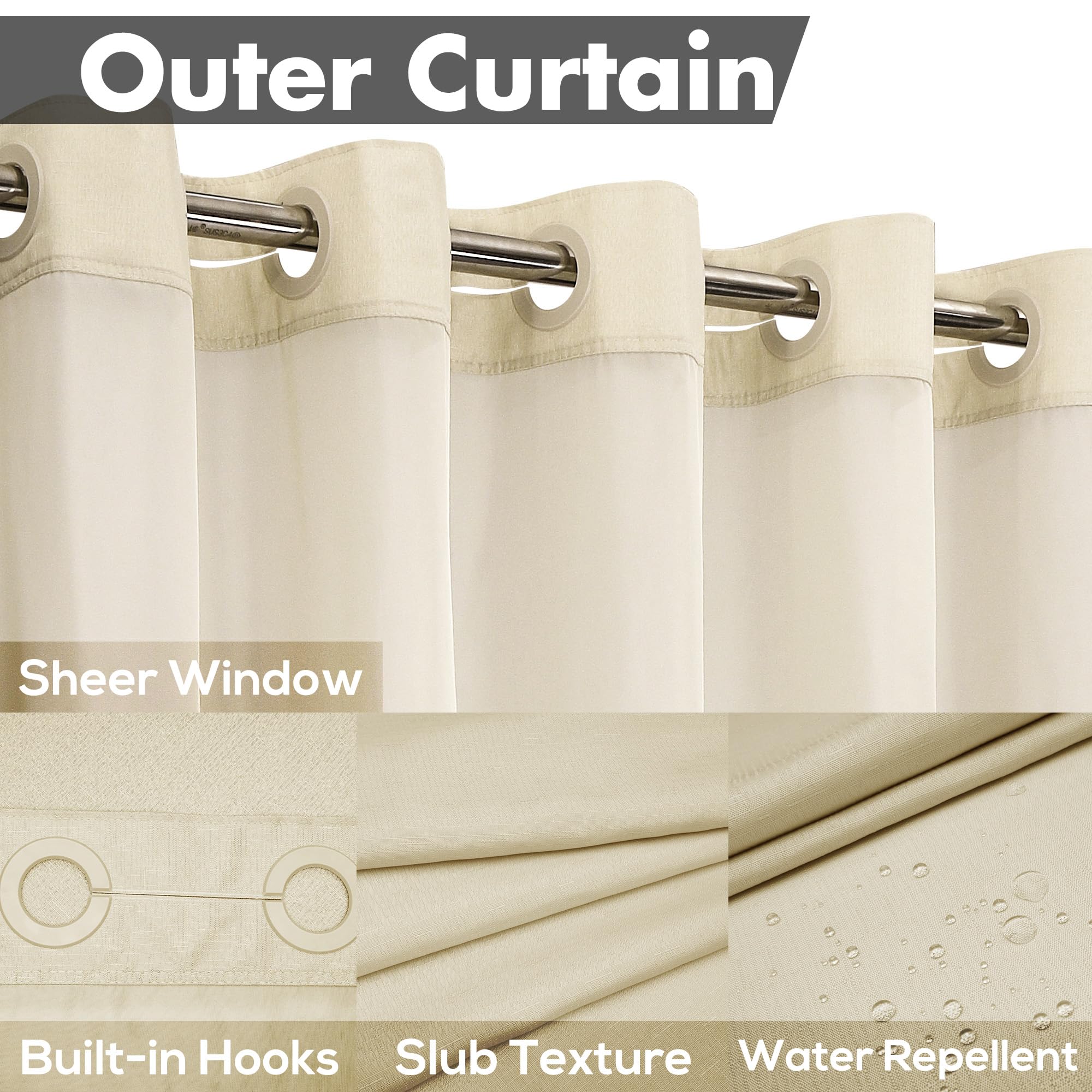 No Hook Slub Textured Shower Curtain with Snap-in PEVA Liner Set - 71'' x 74''(72'')  Hotel Style Beige Shower Curtain with See Through Top Window  Machine Washable & Water Repellent  Linen  71x74