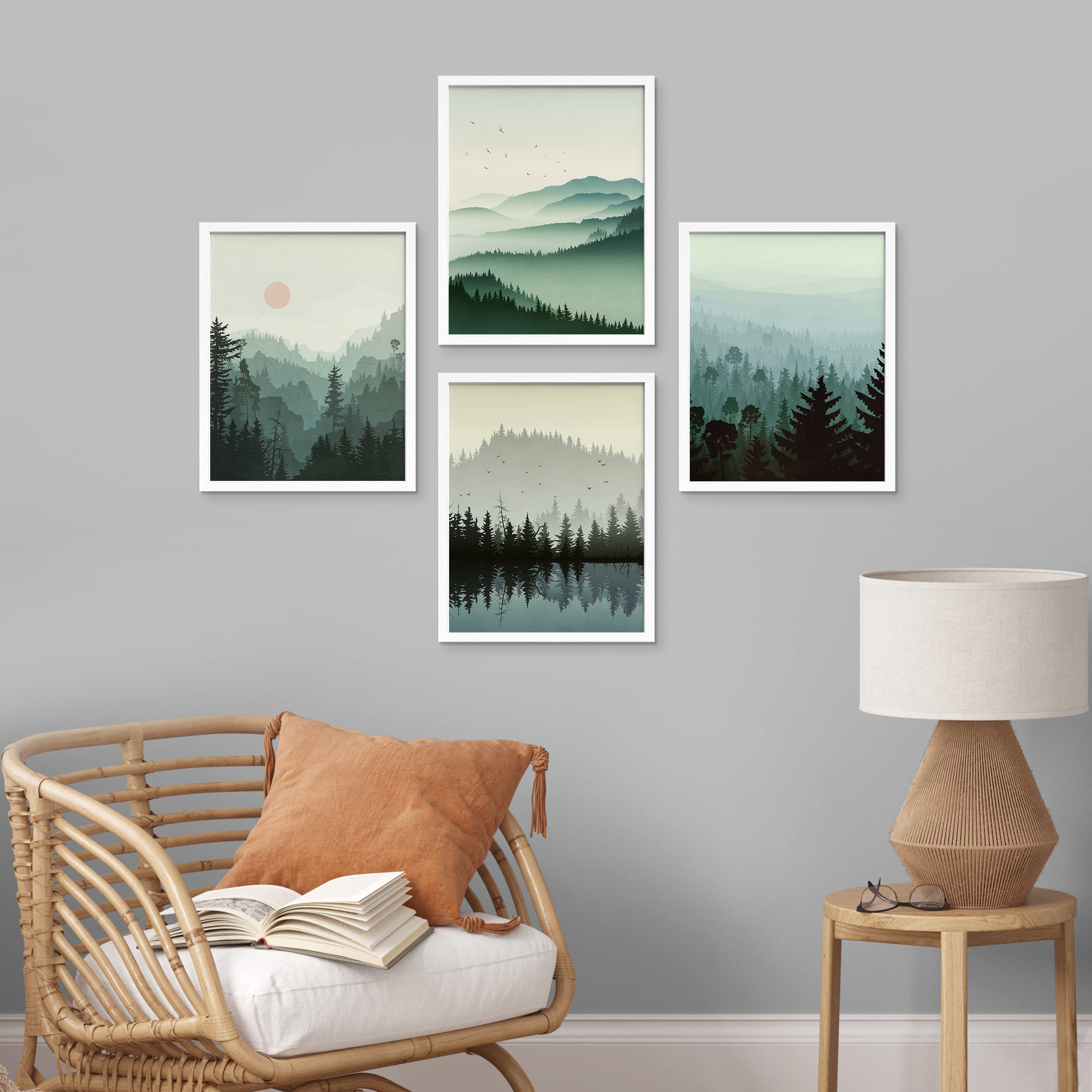 Signwin Framed Pastel Winter Mountain Wall Art, Set Of 4 Forest Landscapes Wall Decor Prints, Wilderness Nature Wall D  Cor For