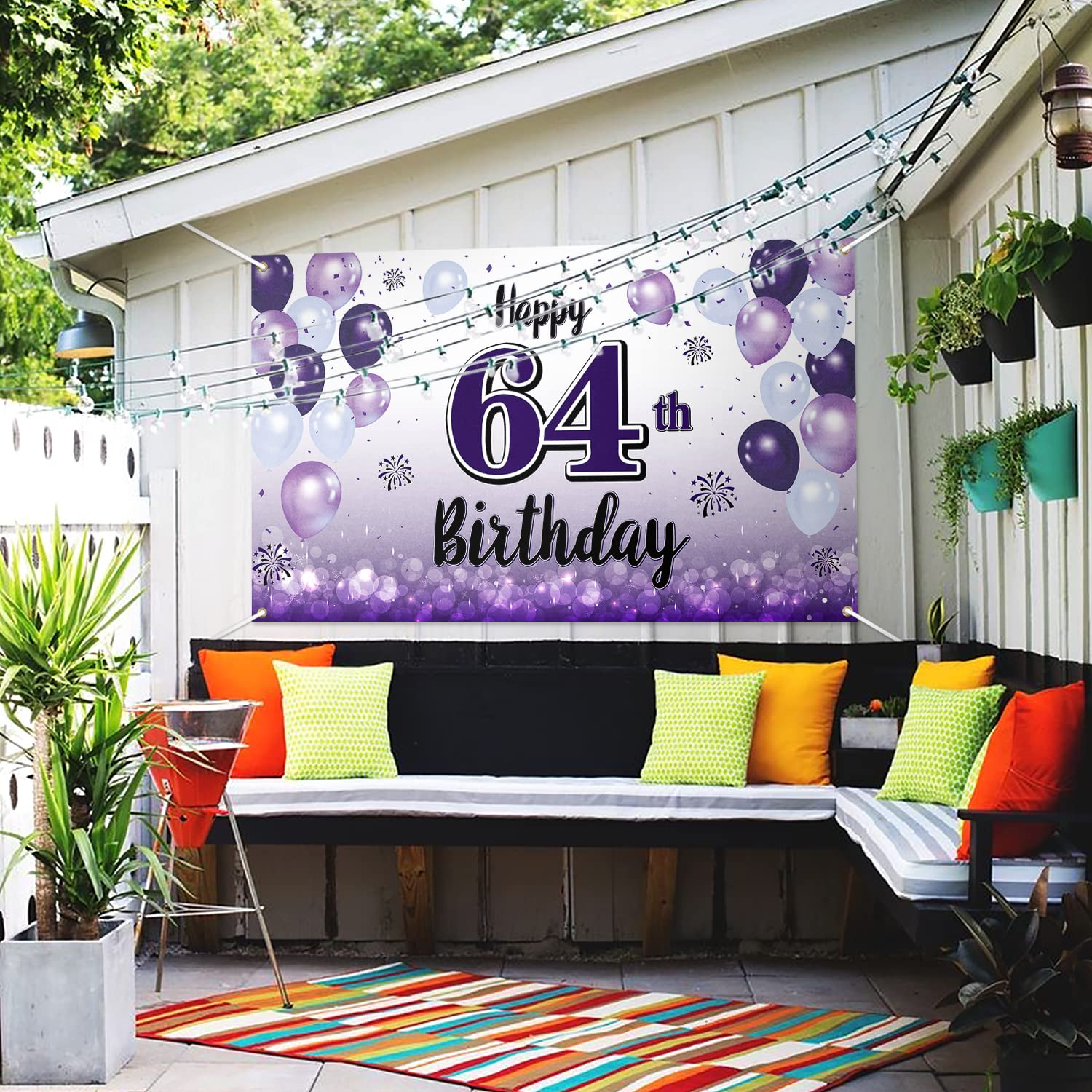 Laskyer Happy 64Th Birthday Decorations,64Th Purple Balloon Large Birthday Banner Backdrop Sign,64 Years Old Bday Party Supplies