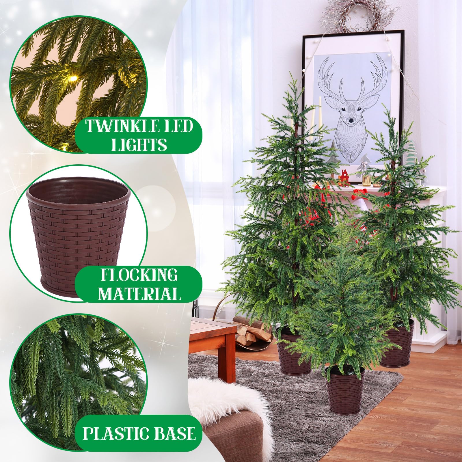 Cinnvoice Norfolk Pine Tree Set of 3 Pre-lit Artificial Christmas Trees 2ft 3ft 4ft Green with Woven Basket Base