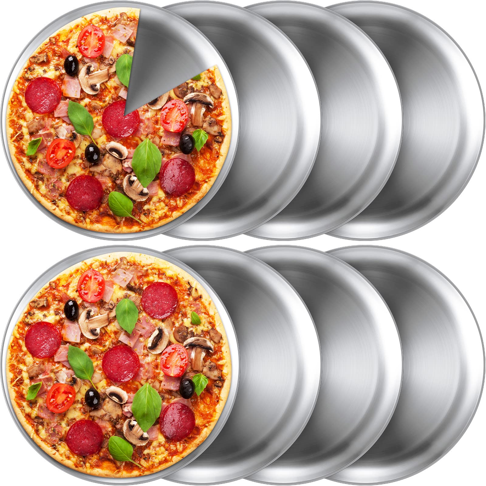Thenshop 8 Pieces 12 Inch Pizza Pans Bulk Stainless Steel Sets Round Bakeware Pizza Trays for Oven Kitchen Baking Home Restauran