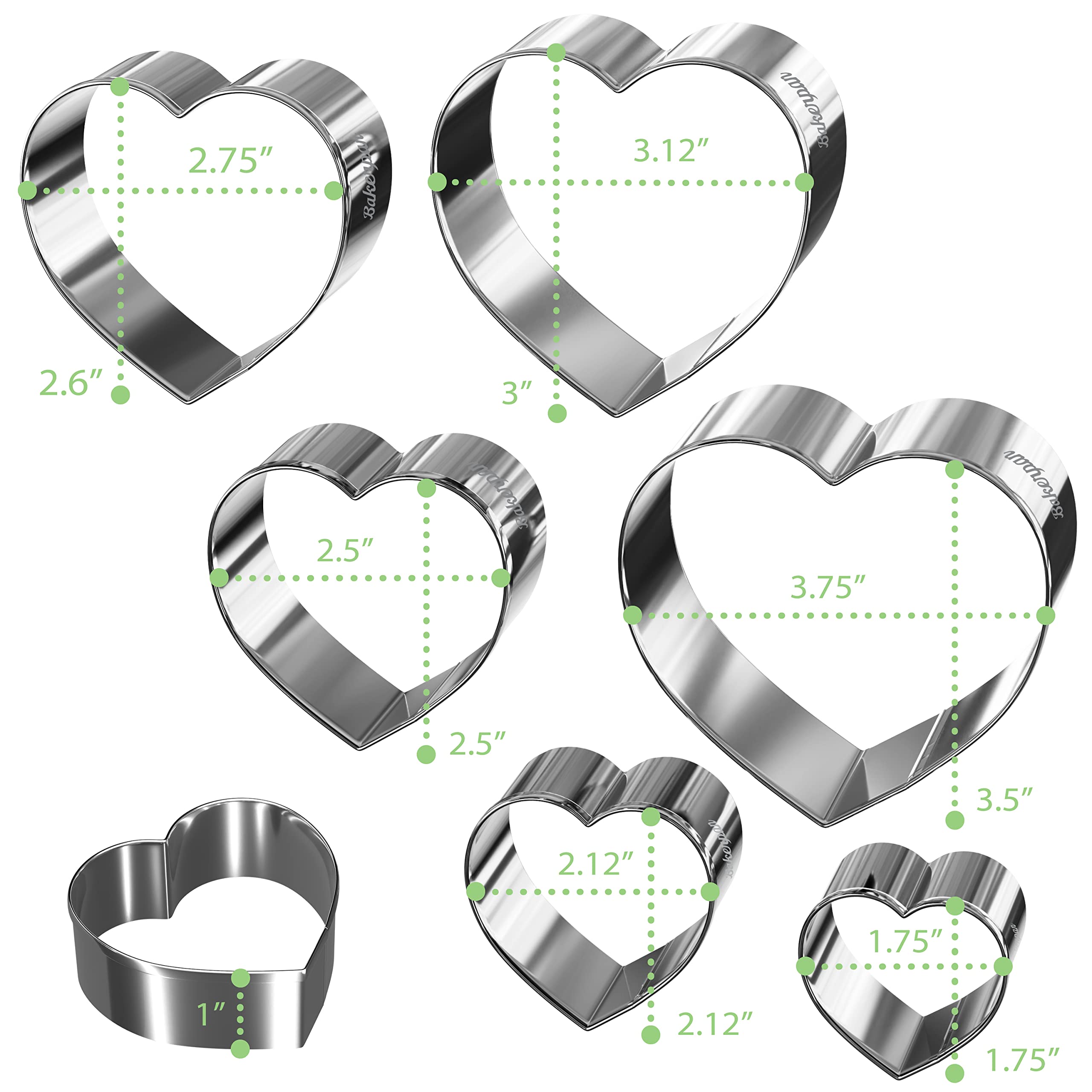 Bakerpan Stainless Steel Heart Cookie Cutter Shapes - Set of 6 Sizes