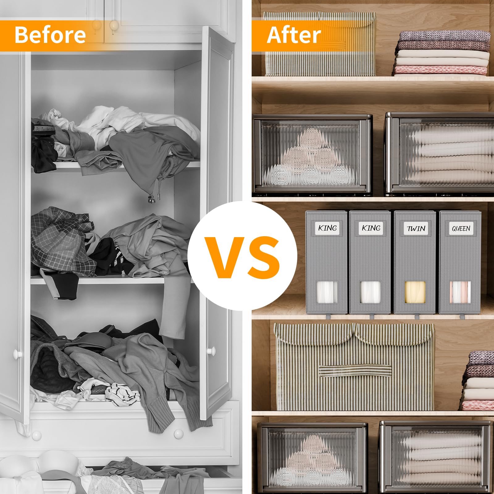 Fixwal 4 Pack Bed Sheet Organizers and Storage Foldable Box for Linen Closet, (Queen & King Size) Bedding Set Containers for Bla