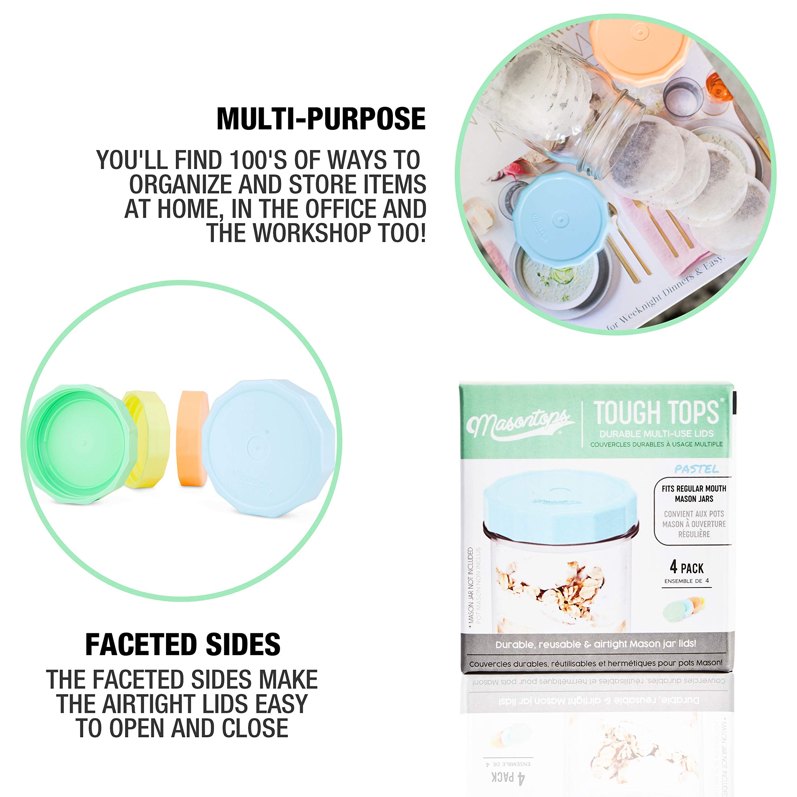 Masontops Tough Tops - Ball Regular Mouth Mason Jar Lids Plastic Leakproof - Bpa-Free Multi Colored Plastic Mason Jar Lids - Reu