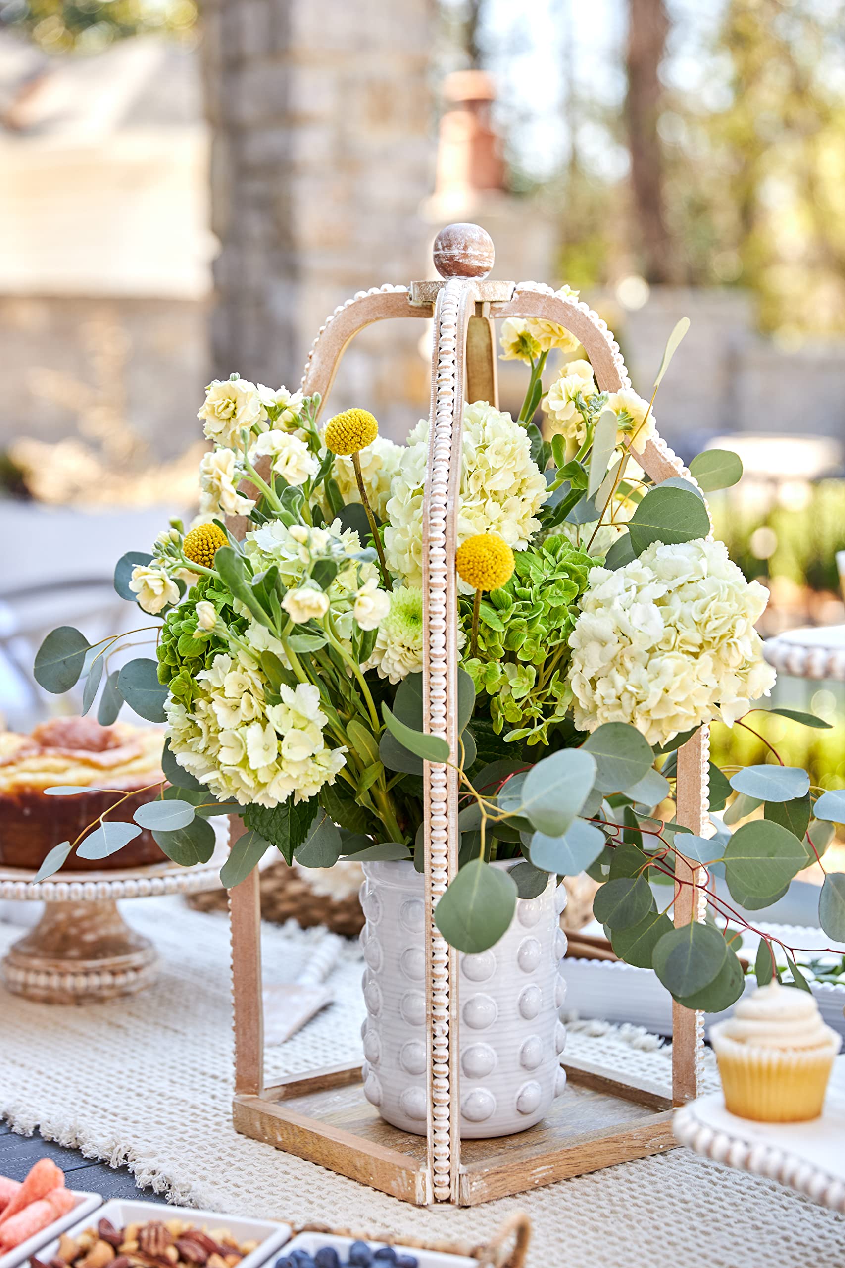 Mud Pie Tall Wood Beaded Lantern, Brown, Small 21.5 x 7.5 | Large 25.5 x 9.5