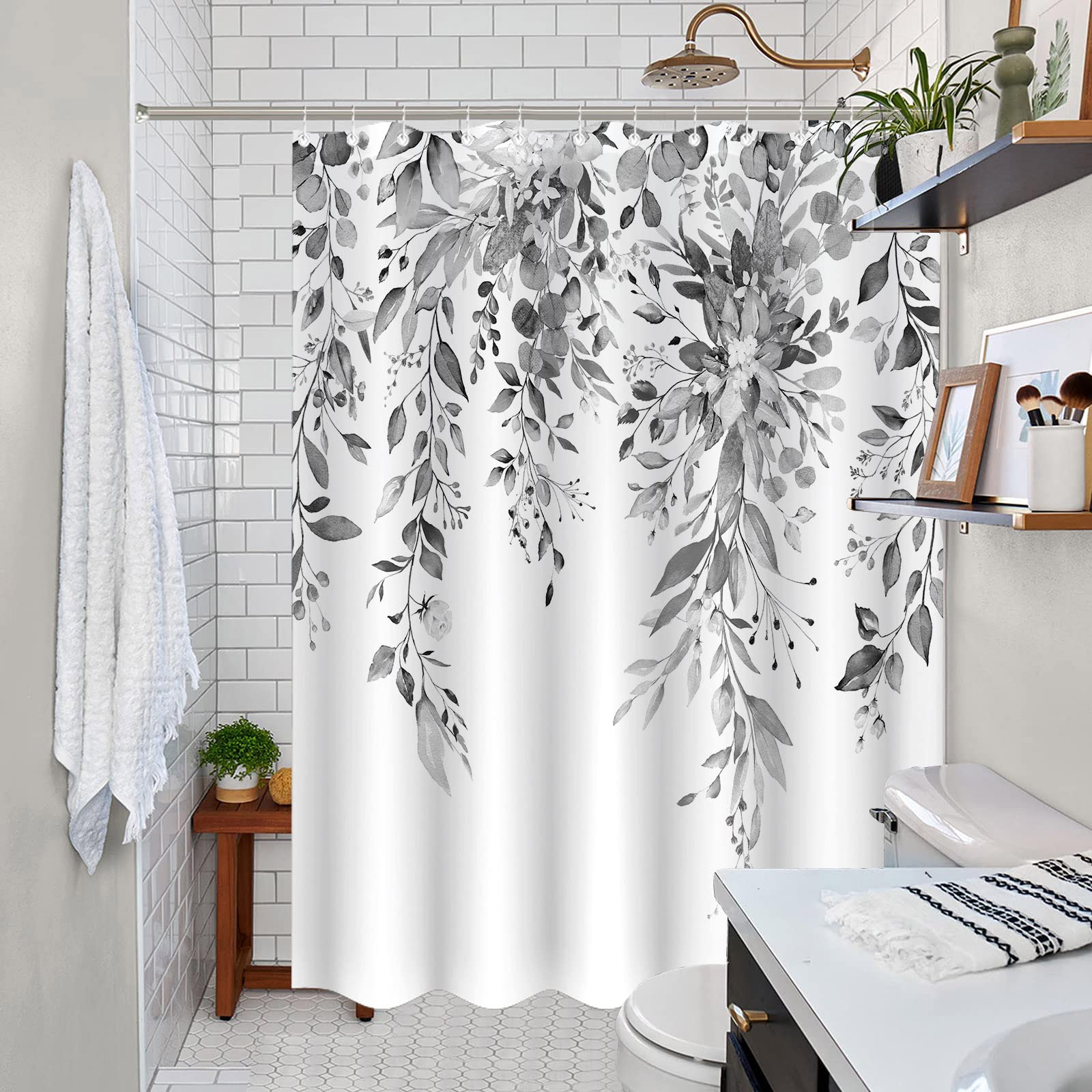Zussun 84 Inch Extra Long Gray and White Eucalyptus Shower Curtain Watercolor Grey Floral Plant Leaf Shower Curtains for Bathroom Flower Waterproof Fabric Bath Curtain with Hooks (Black  72'' x 84'')