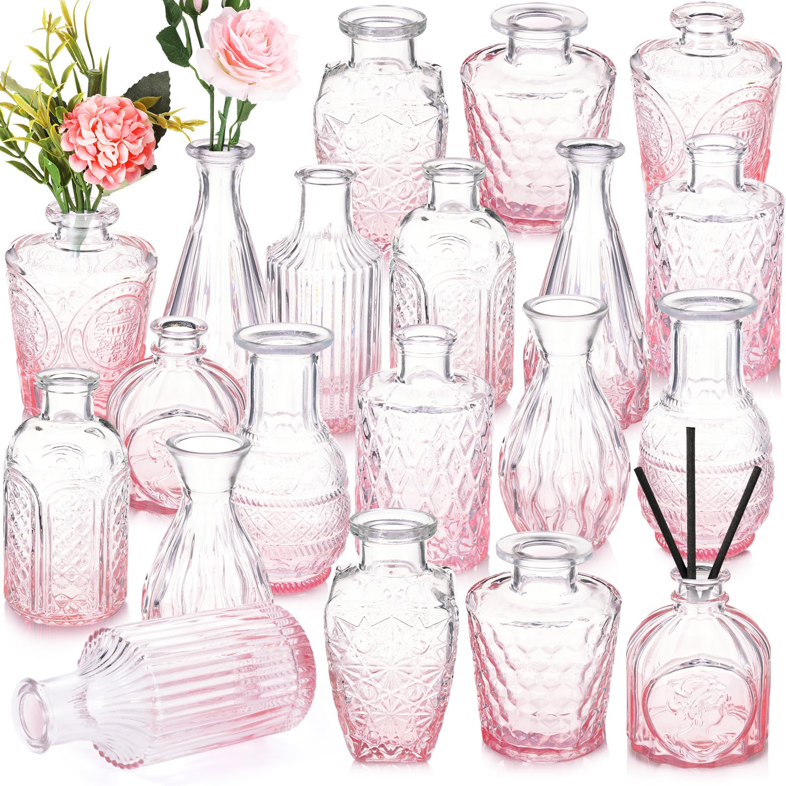 Inbagi Glass Vase, 20 Pcs Set of Small Vintage Flower Vases in Gradient Pink, Decorative Centerpieces for Home, Wedding Table, C
