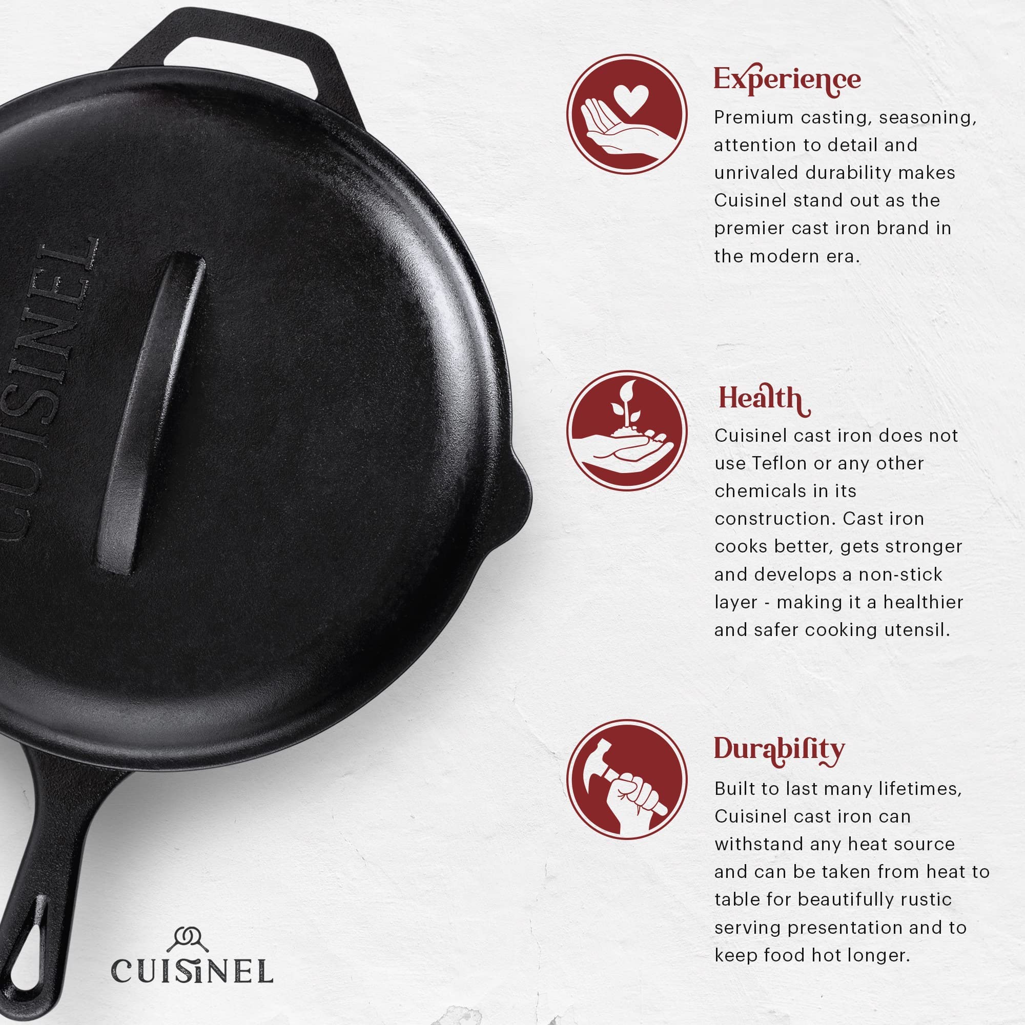 Cuisinel Cast Iron Skillet With Lid - 12''-Inch Pre-Seasoned Covered Frying Pan Set + Silicone Handle & Lid Holders + Scraper/Cl