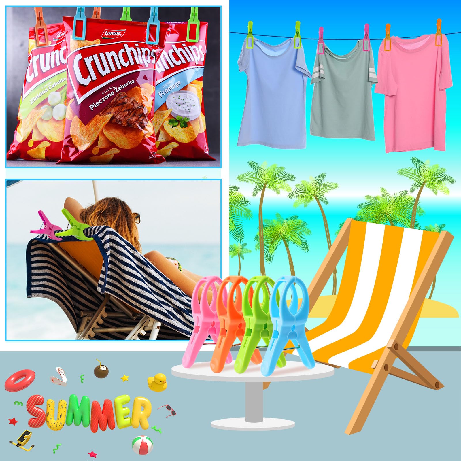 Higift 8 Pack Beach Towel Clips For Beach Chairs, Large Pool Chair Clips For Towels-Cruise Essentials, Plastic Clothes Pins To K