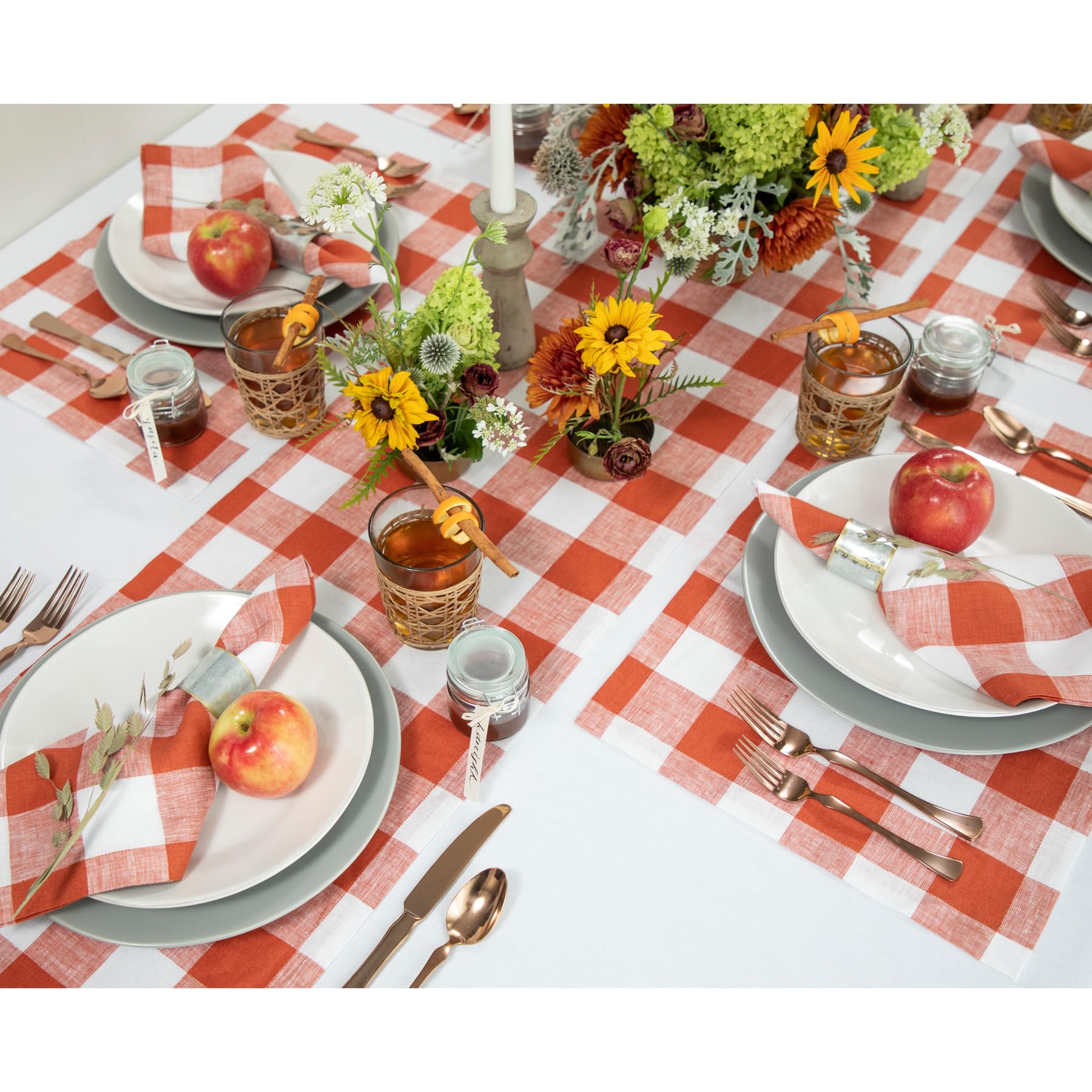 Solino Home Buffalo Check Linen Napkins Set Of 4 - 100% Pure Linen Cinnamon And White Plaid Napkins 20 X 20 Inch - Machine Washa