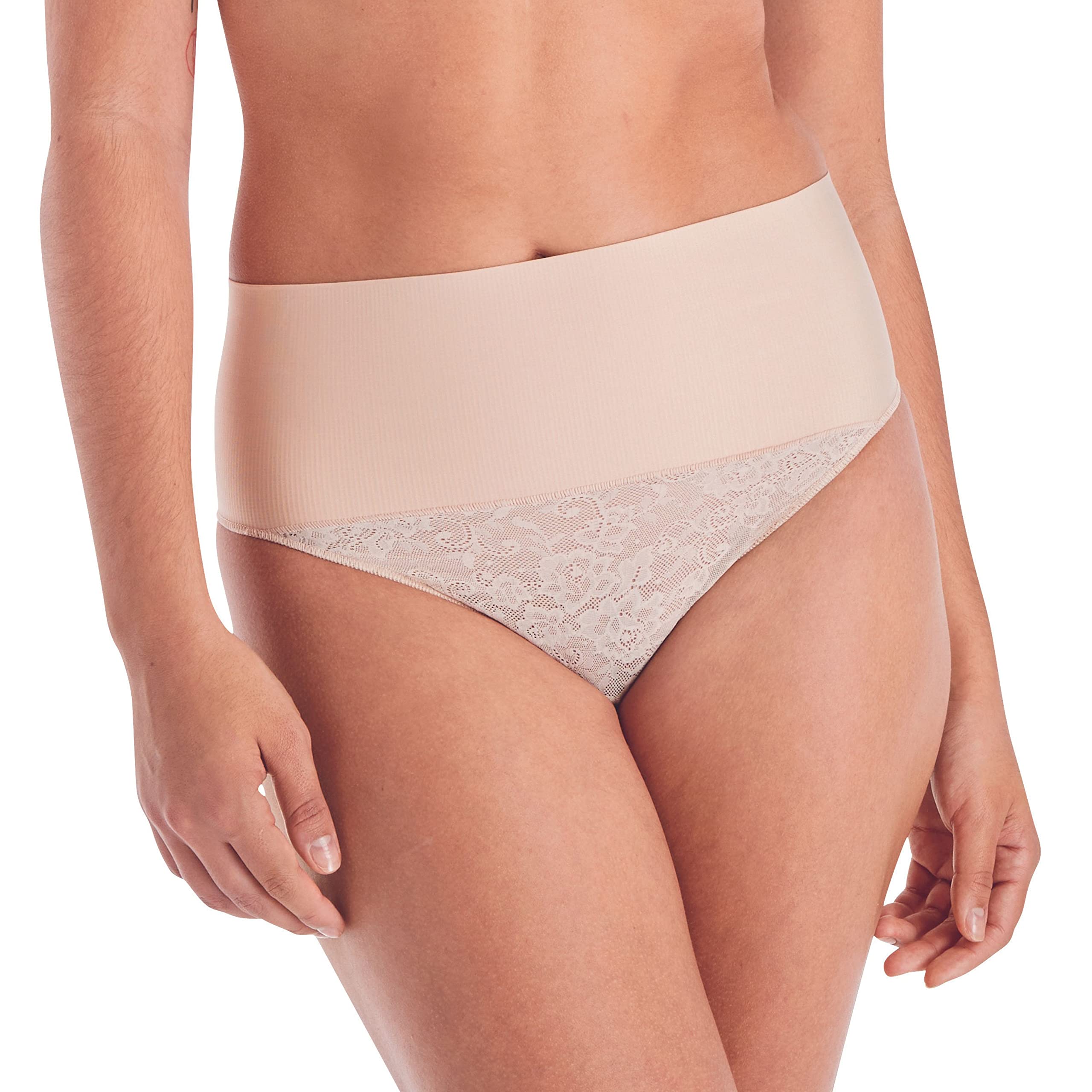 Maidenform Womens Tame Your Tummy Shaping Lace Thong With Cool Comfort Dm0049 Waist Shapewear, Transparentnude Lace, Xx-Large Pl