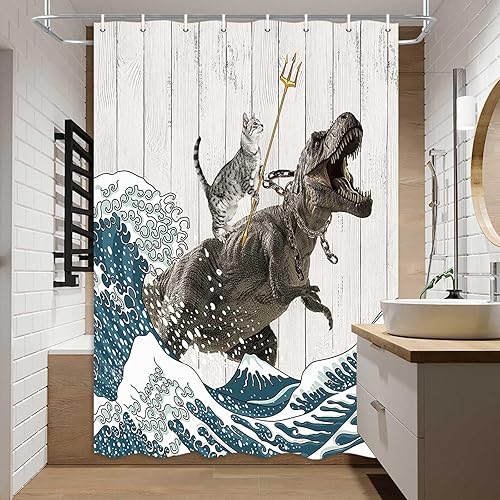 Boziqr Funny Cat Shower Stall Curtain  Cool Cat Dinosaur Japanese Ocean Wave Decor Fabric Bathroom Curtains  Kids Children Rustic Wooden Farmhouse Shower Curtain  48 X 70 Inches