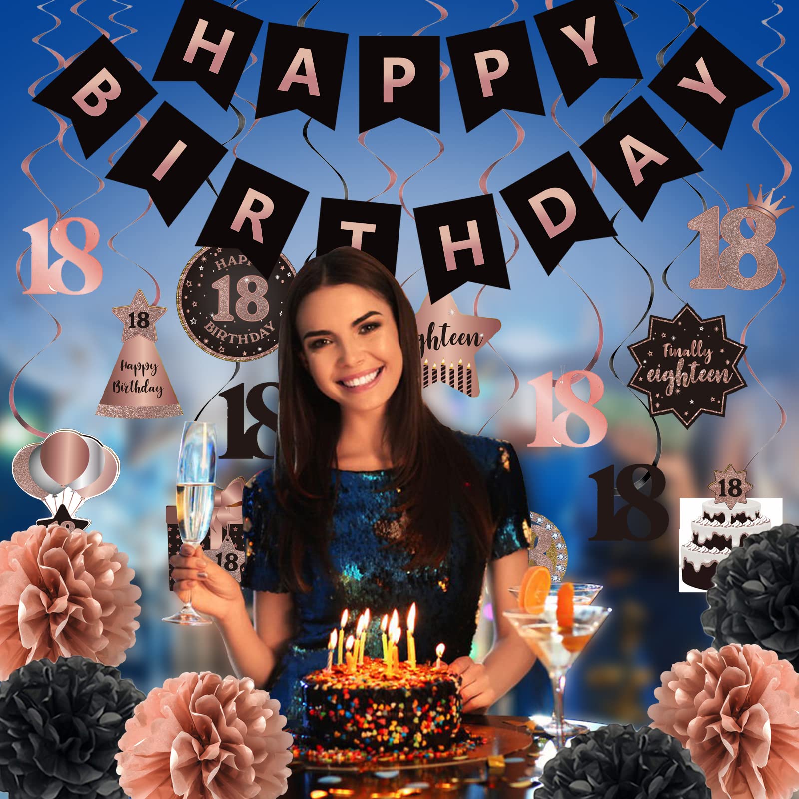 Brt Bearingshui Happy 18Th Birthday Hanging Swirls Streamers Decoration Set, Happy Birthday Banner With Tissue Pompoms, Rose Gol