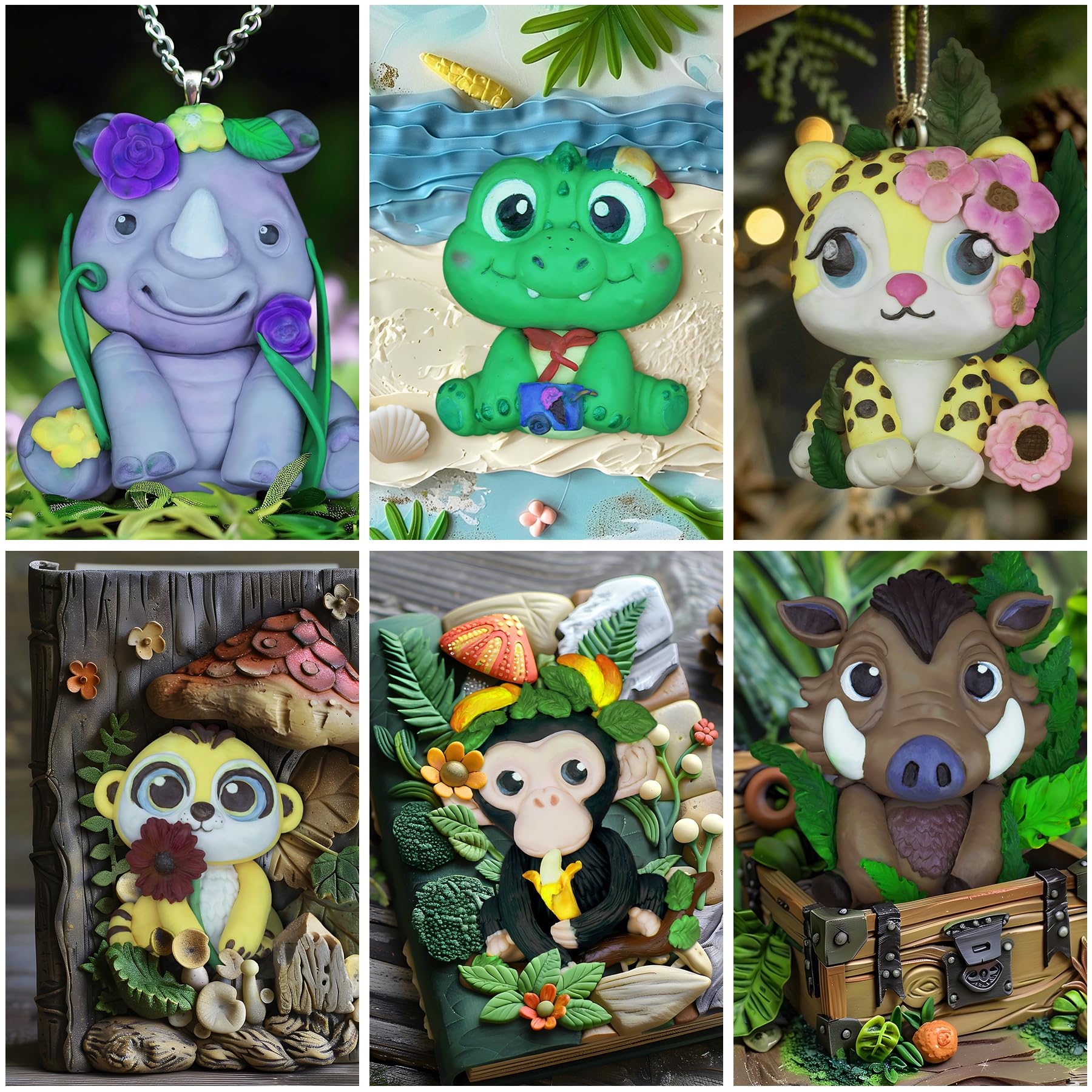 Fondant Molds Safari Animal Cake Topper 6-Count Kit Leopard Mongoose Chimpanzee Crocodile Rhinoceros Warthogs