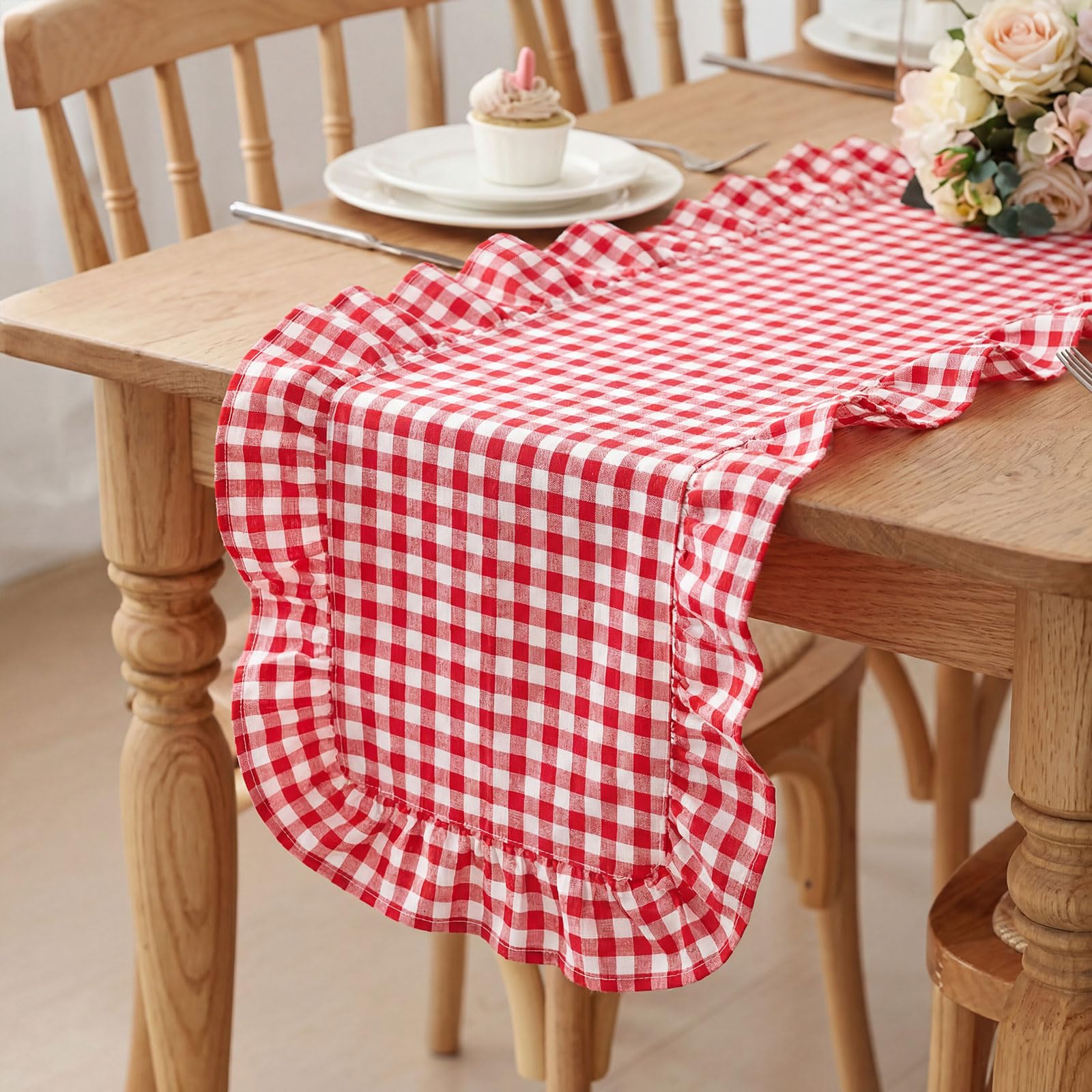 HunnmingRe 1 Pcs Red Plaid Gingham Ruffle Table Runner 118 x 13.8 Farmhouse Table Runner 100% Cotton Scalloped Long Dresser Sc