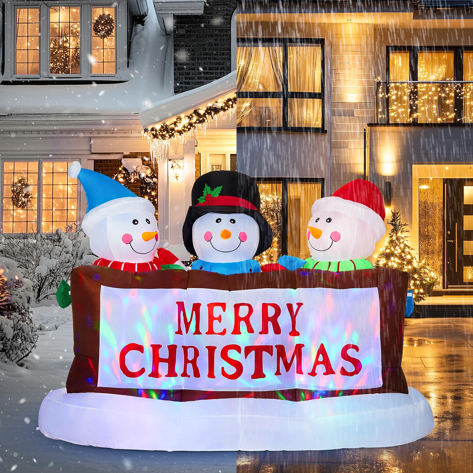 SOLLED 8 FT Christmas Inflatables Snowman with Rotating RGB Lights, 3 Blow Up Snowmen Holding Merry Christmas Sign, Outdoor Yard