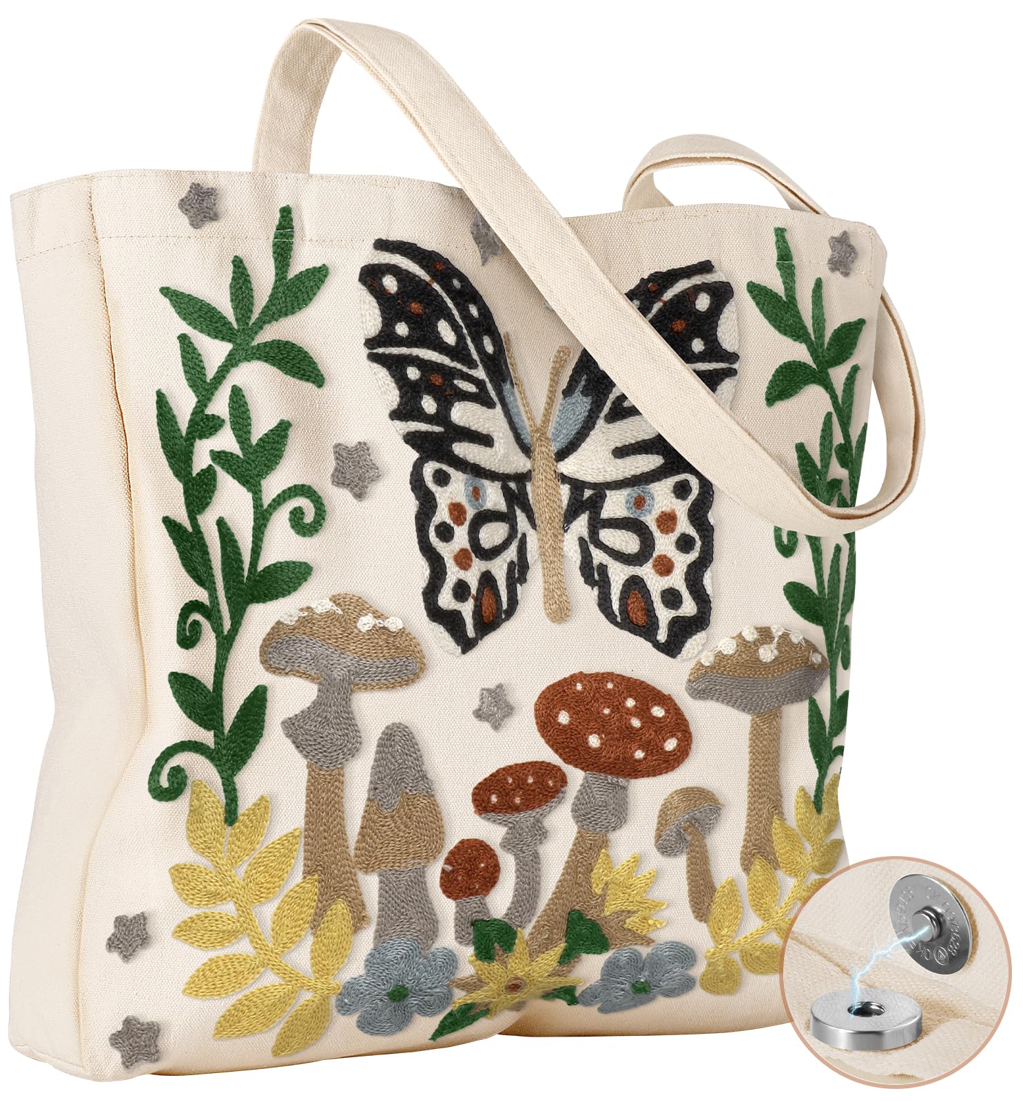 Miss Adola Aesthetic Embroidery Tote Bag for Women - Reusable Canvas Cloth Shoulder Bag with Cute 3d Butterfly Moon Embroidered 