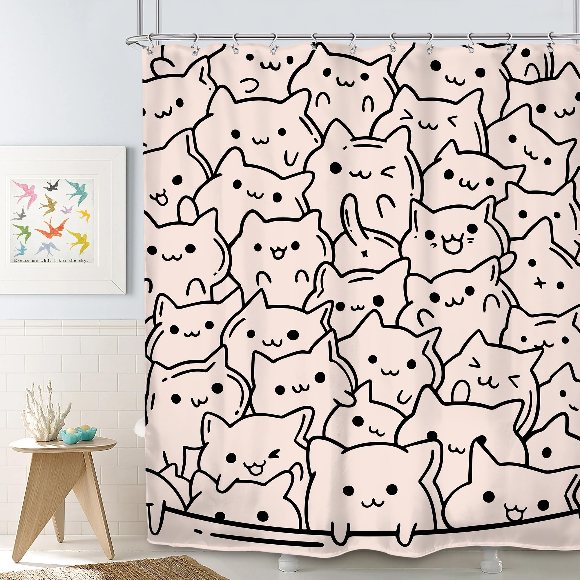Svbright Funny Cats Shower Curtain 60Wx72L Inch Cute Pink Cartoon Kitty Kitten Animal Simple Line Humor For Kids Girls Lovely 12