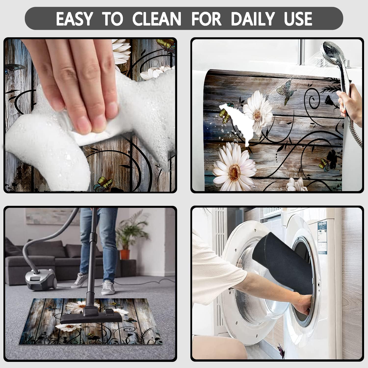 Muginyu Rustic Farmhouse Bathroom Mats Sets 3 Piece, Grey Daisy Floral Butterfly Bath Mat American Country Farm Thin Rubber Diat
