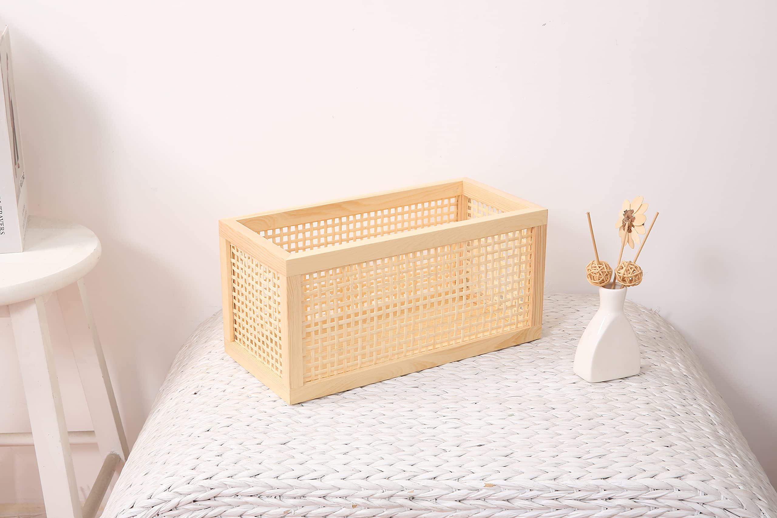Small Wood Storage Basket, Rectangle Rattan Storage Box, Bamboo Storage Box For Bathroom Office Desktop