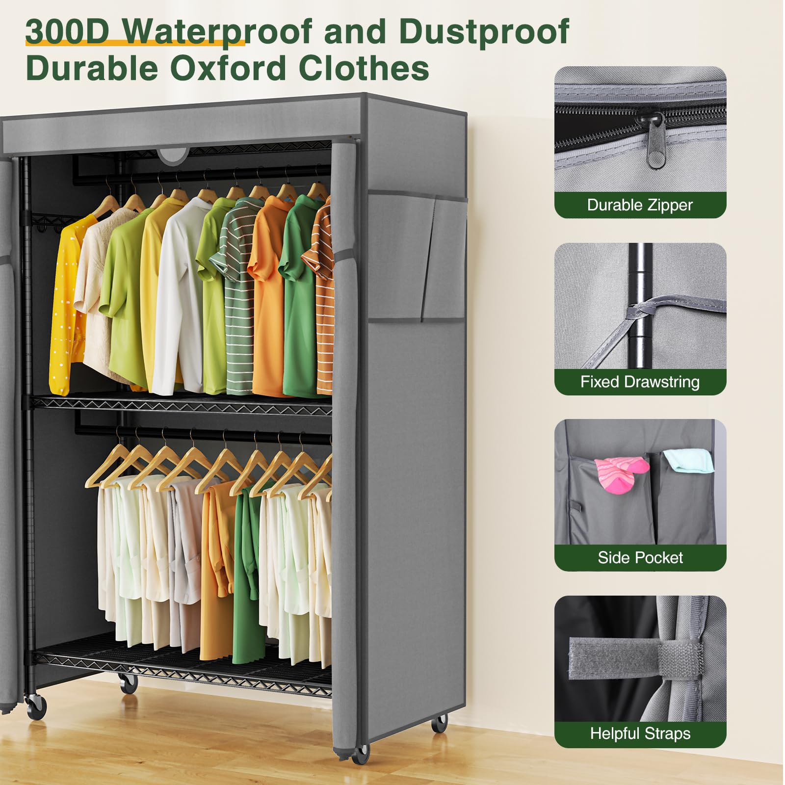 Lehom G1C Heavy Duty Clothes Rack With Cover, Rolling Garment Rack For Hanging Clothes, Portable Closets With Oxford Fabric Cove