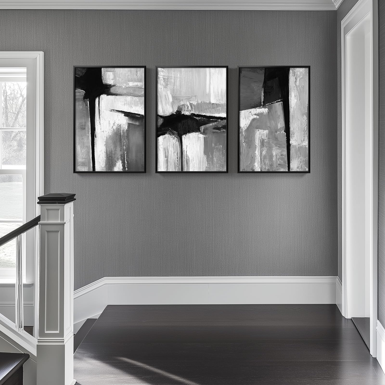 Framed Black And White Gray Modern Abstract Wall Art, Set Of 3 Piece Big Canvas Paintings Artwork For Walls, Minimalist Art Prin