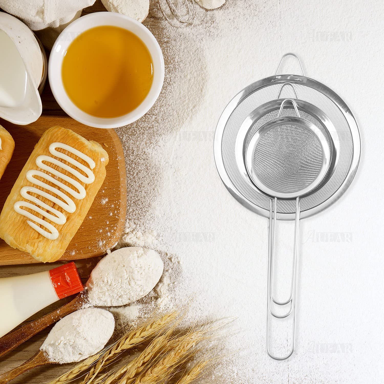 Auear, Fine Mesh Strainer Stainless Steel Conical Sieve Tea With Long Handle For Kitchen (3 Pack, 3'', 4'', 5.5'' Diameter)
