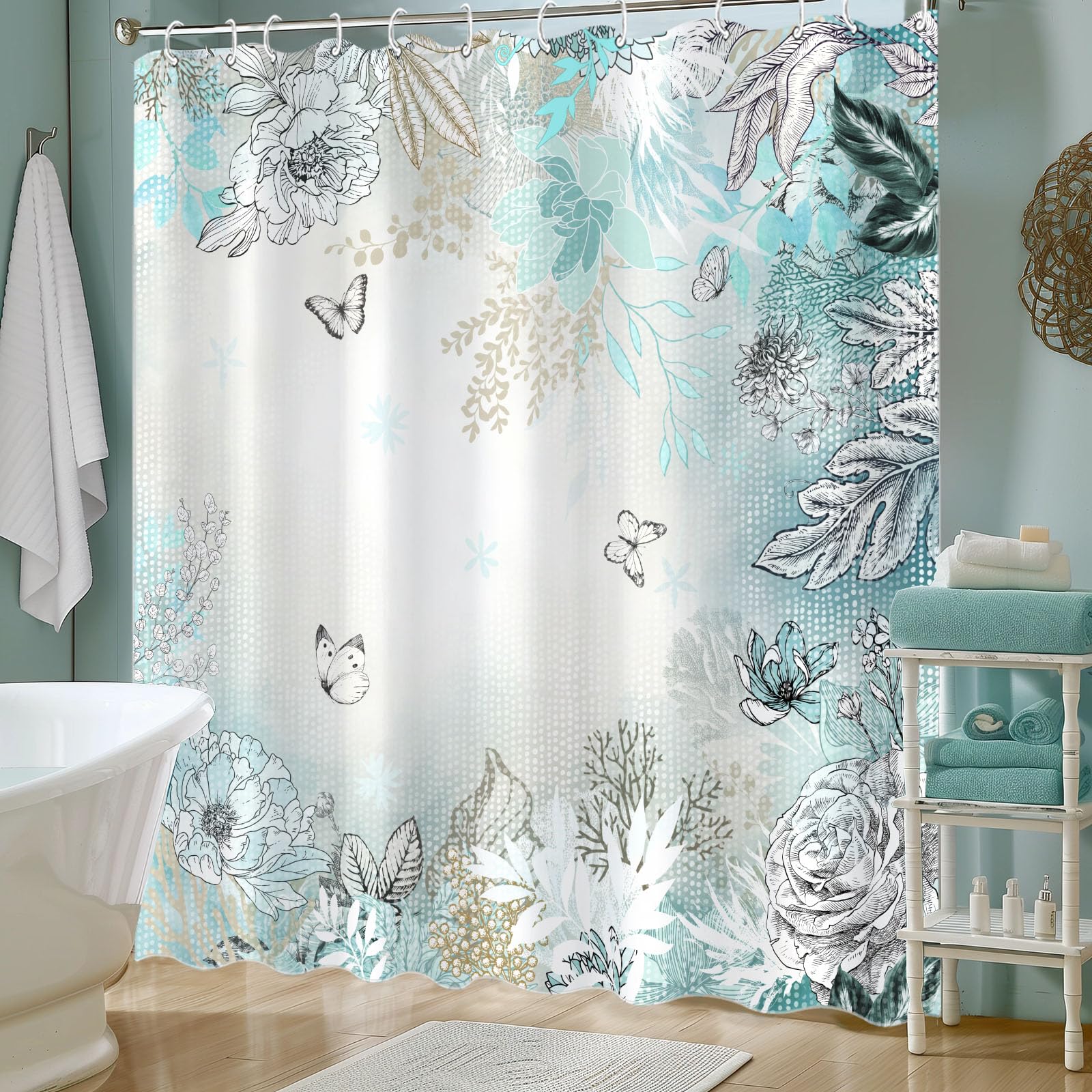 Zussun Teal And White Floral Shower Curtain Modern Sketch Flower Plant Leaf Shower Curtains For Bathroom Pretty Butterfly Waterp