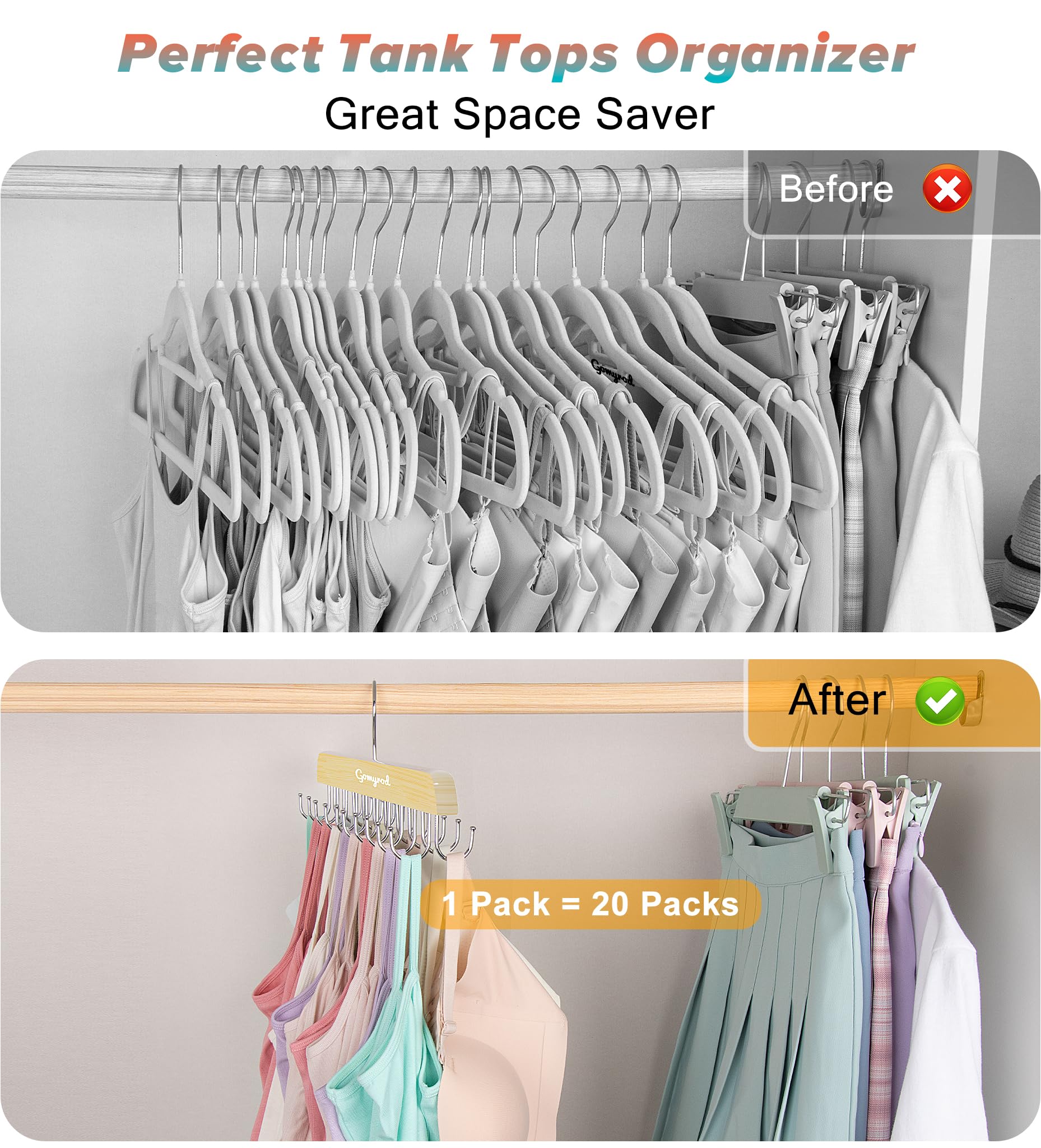 Gomyrod Bra Hanger For Closet, Tank Top Hanger W/20 Hooks Capacity Foldable Wood Space Saving Hangers, 360Rotating Closet Organi